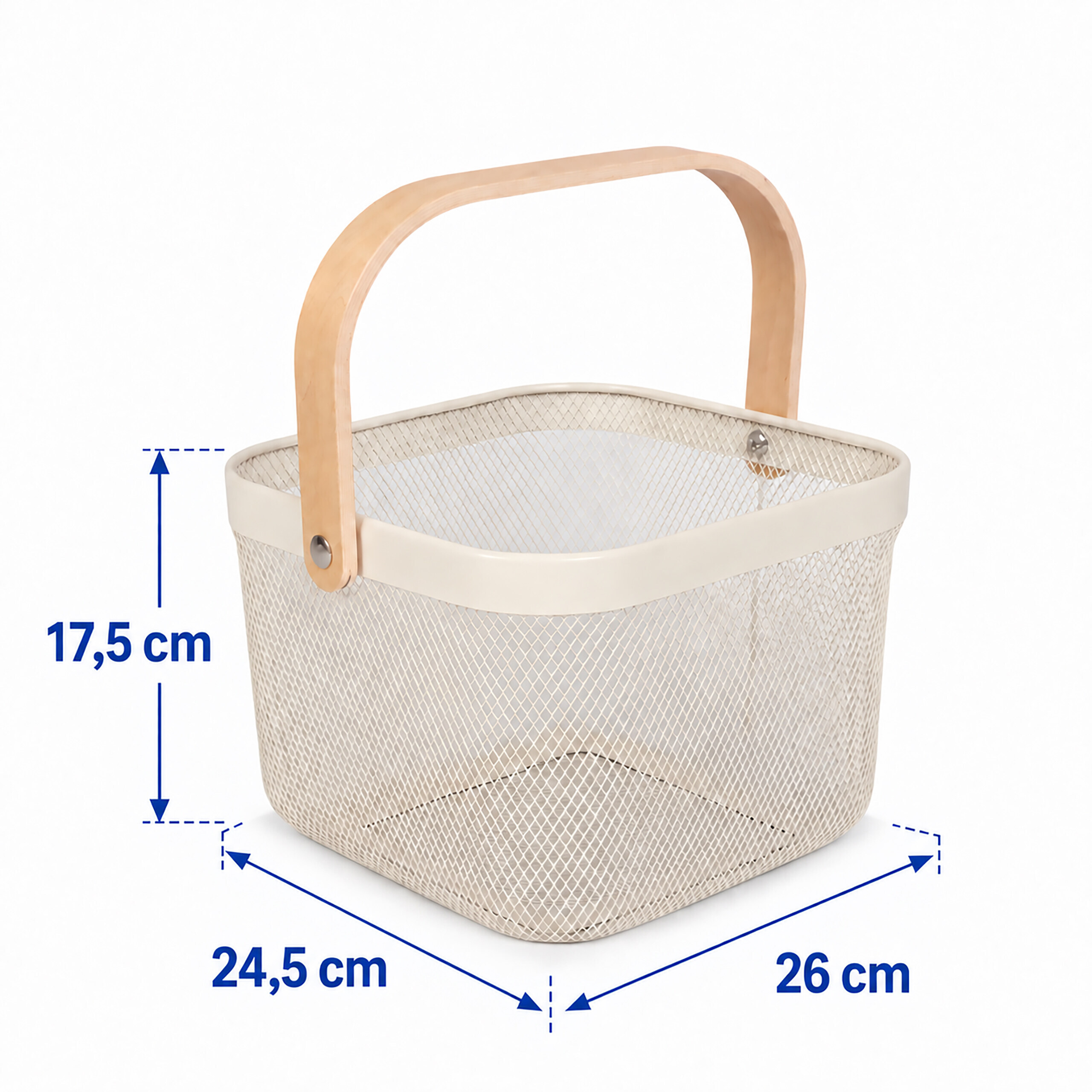 Beige Mesh-Korb mit holzfarbenem Griff und Maßangaben.