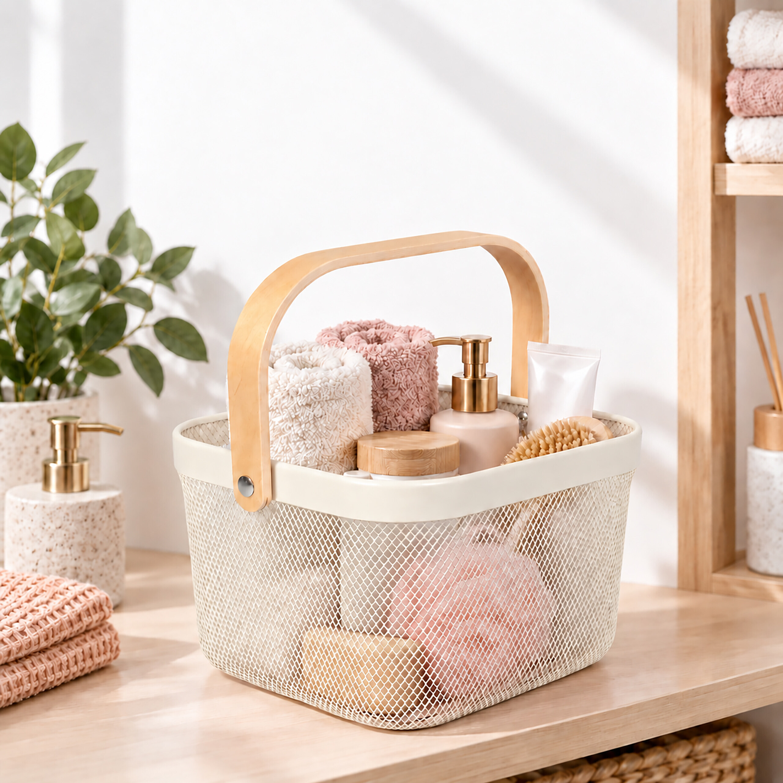 Ein weißer Drahtkorb mit Holzgriff steht auf einem Holztisch, gefüllt mit gerollten Handtüchern, Flaschen und Badezubehör.