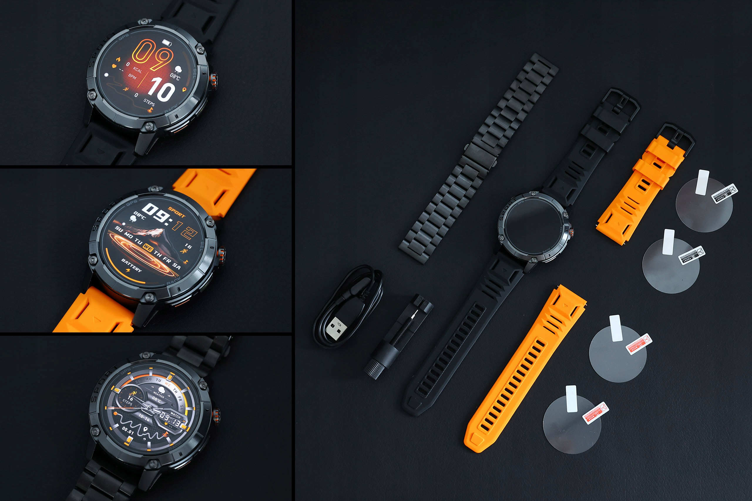 Smartwatch z wymiennymi czarnymi i pomarańczowymi paskami, narzędziami i foliami ochronnymi na czarnym tle.