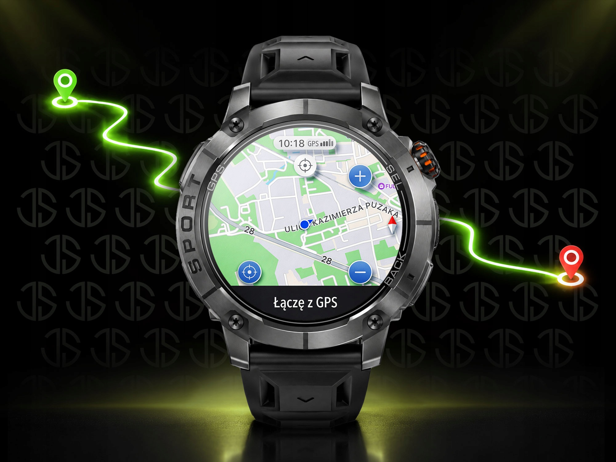 Solidny smartwatch wyświetla cyfrową mapę GPS na okrągłym ekranie na ciemnym tle ze świecącą ścieżką nawigacyjną.