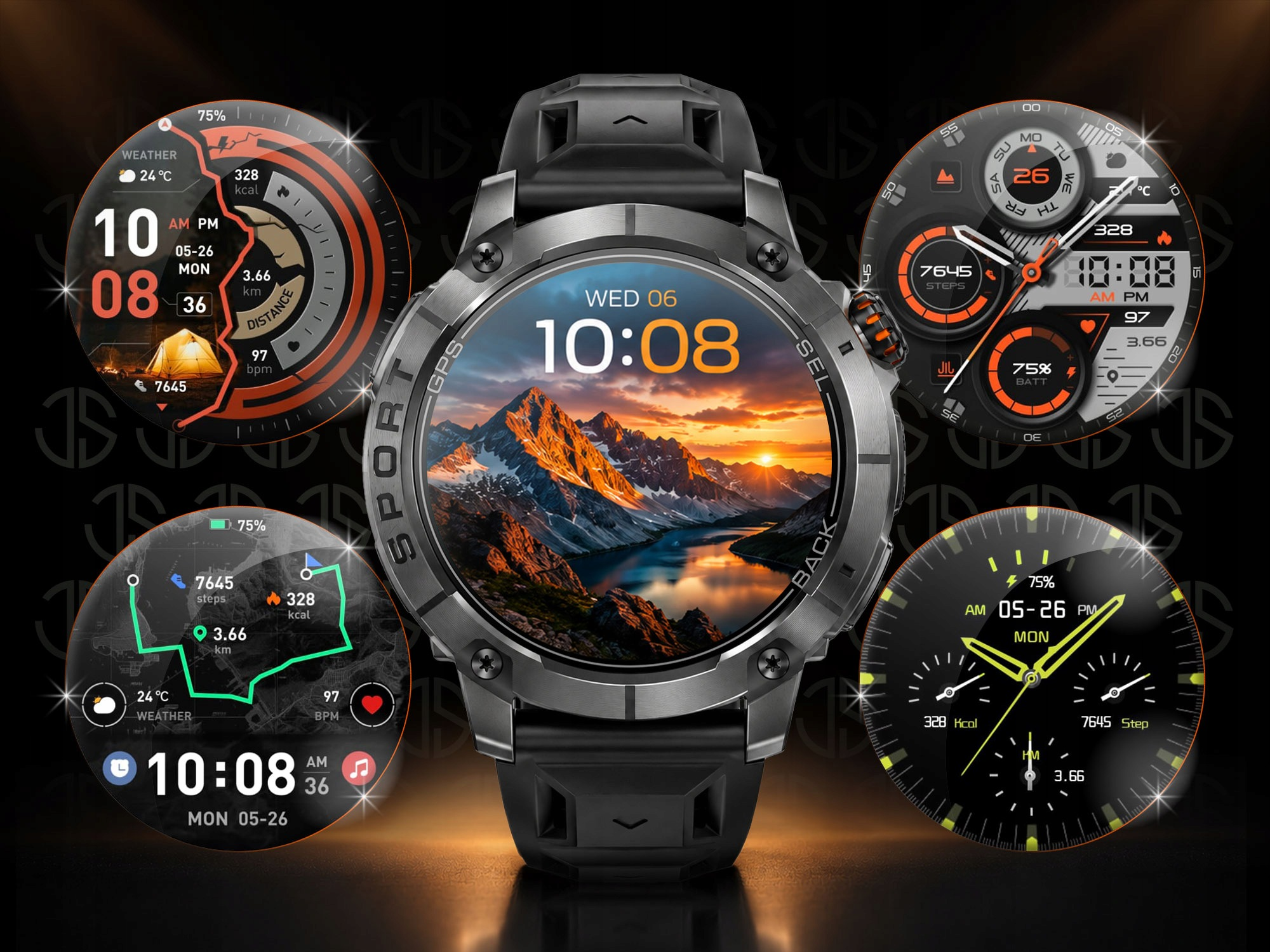 Wytrzymały smartwatch z górskim krajobrazem, otoczony czterema alternatywnymi tarczami.