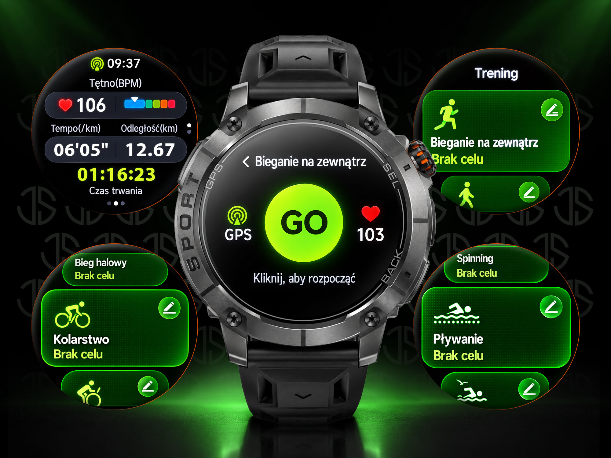 Czarny smartwatch otoczony ekranami z danymi fitness, trybami treningu i zielonym przyciskiem GO.