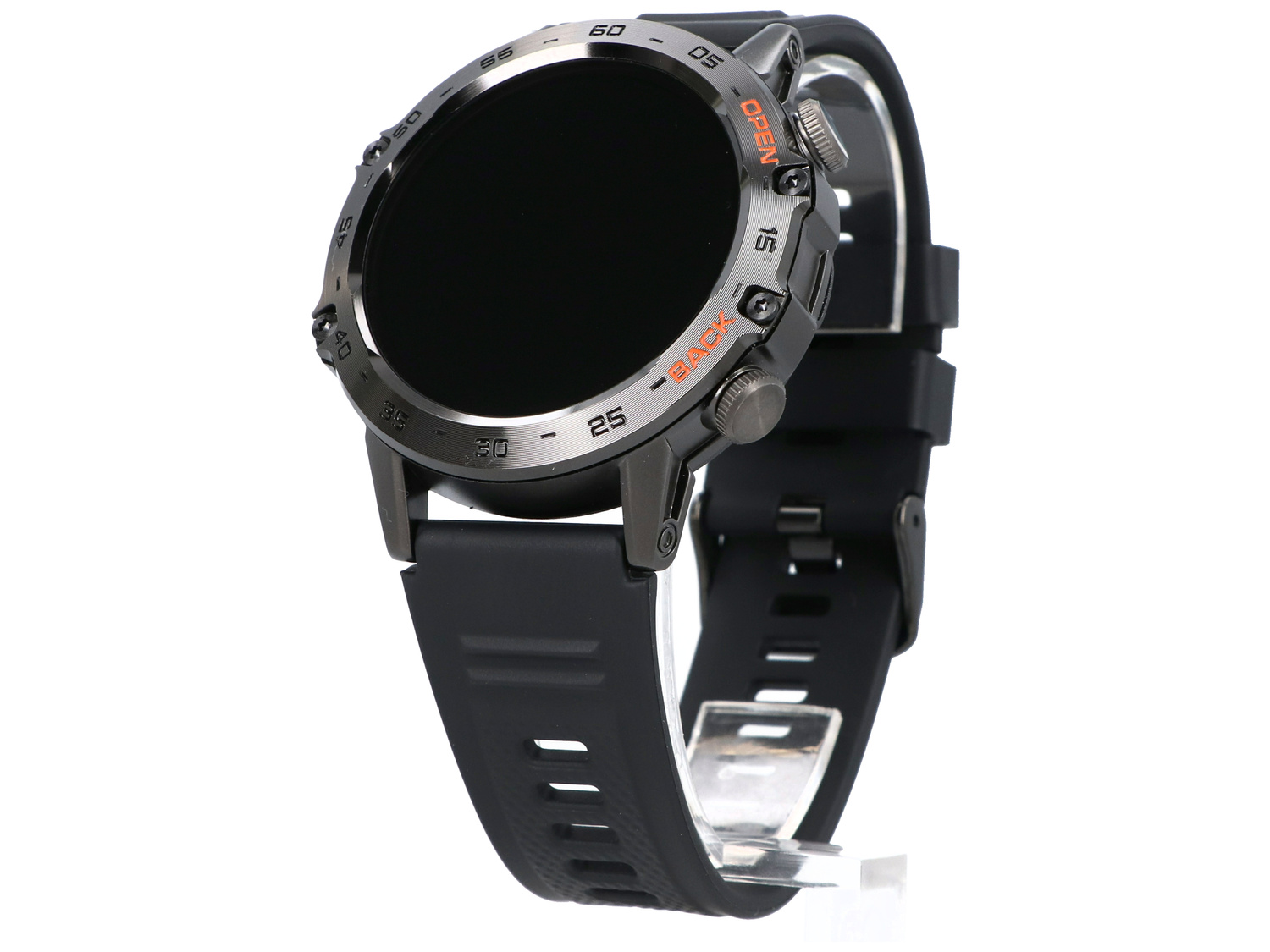 Czarny sportowy smartwatch z okrągłym wyświetlaczem i gumowym paskiem.