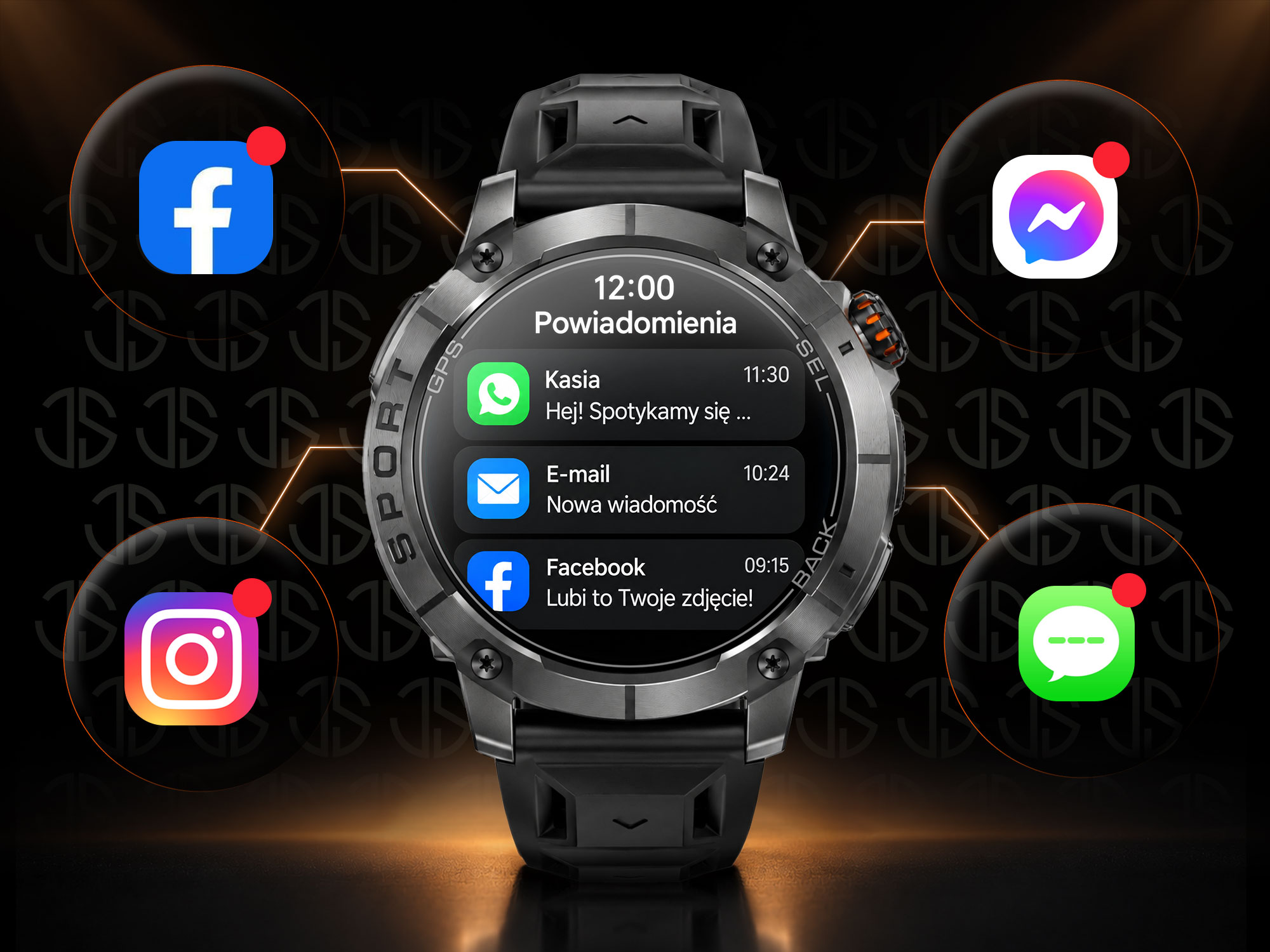 Czarny smartwatch wyświetlający powiadomienia, otoczony ikonami aplikacji na ciemnym tle.