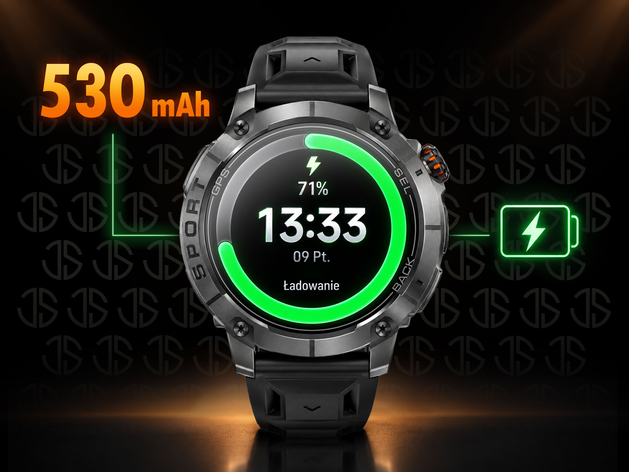 Solidny smartwatch pokazuje 13:33, 71% baterii i '530 mAh'.