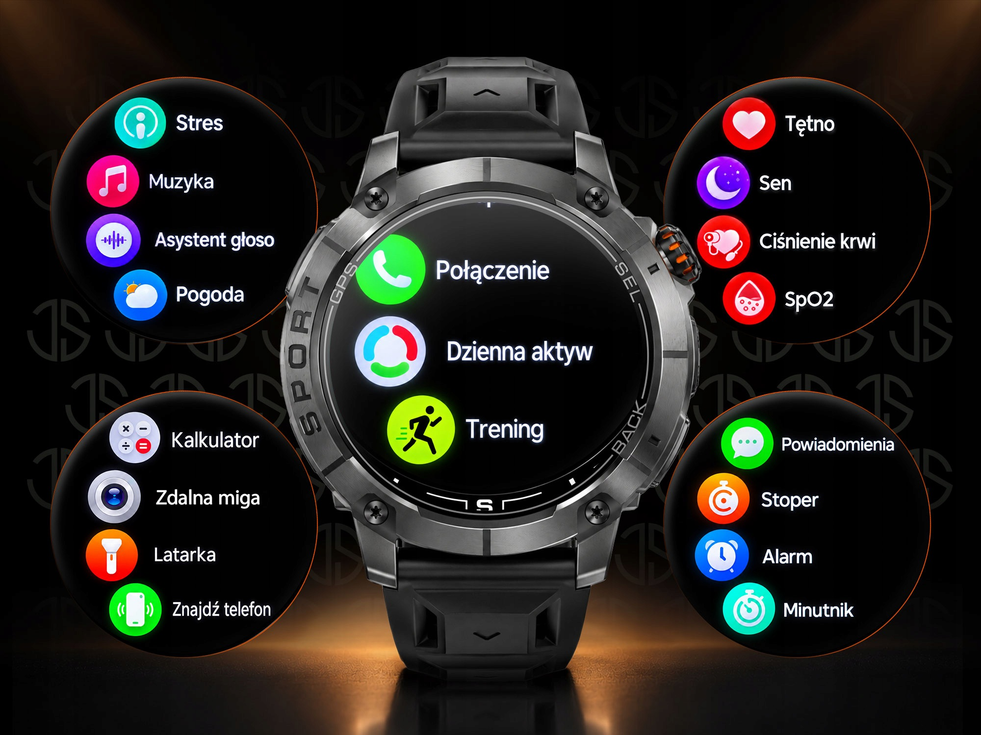 Wytrzymały smartwatch w środku, otoczony czterema okrągłymi menu z różnymi aplikacjami.