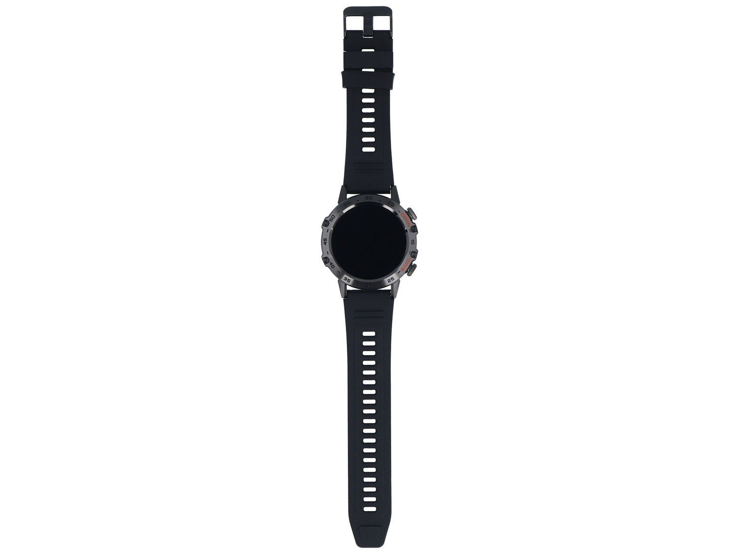 Czarny sportowy smartwatch z okrągłym wyświetlaczem i perforowanym paskiem silikonowym na białym tle.