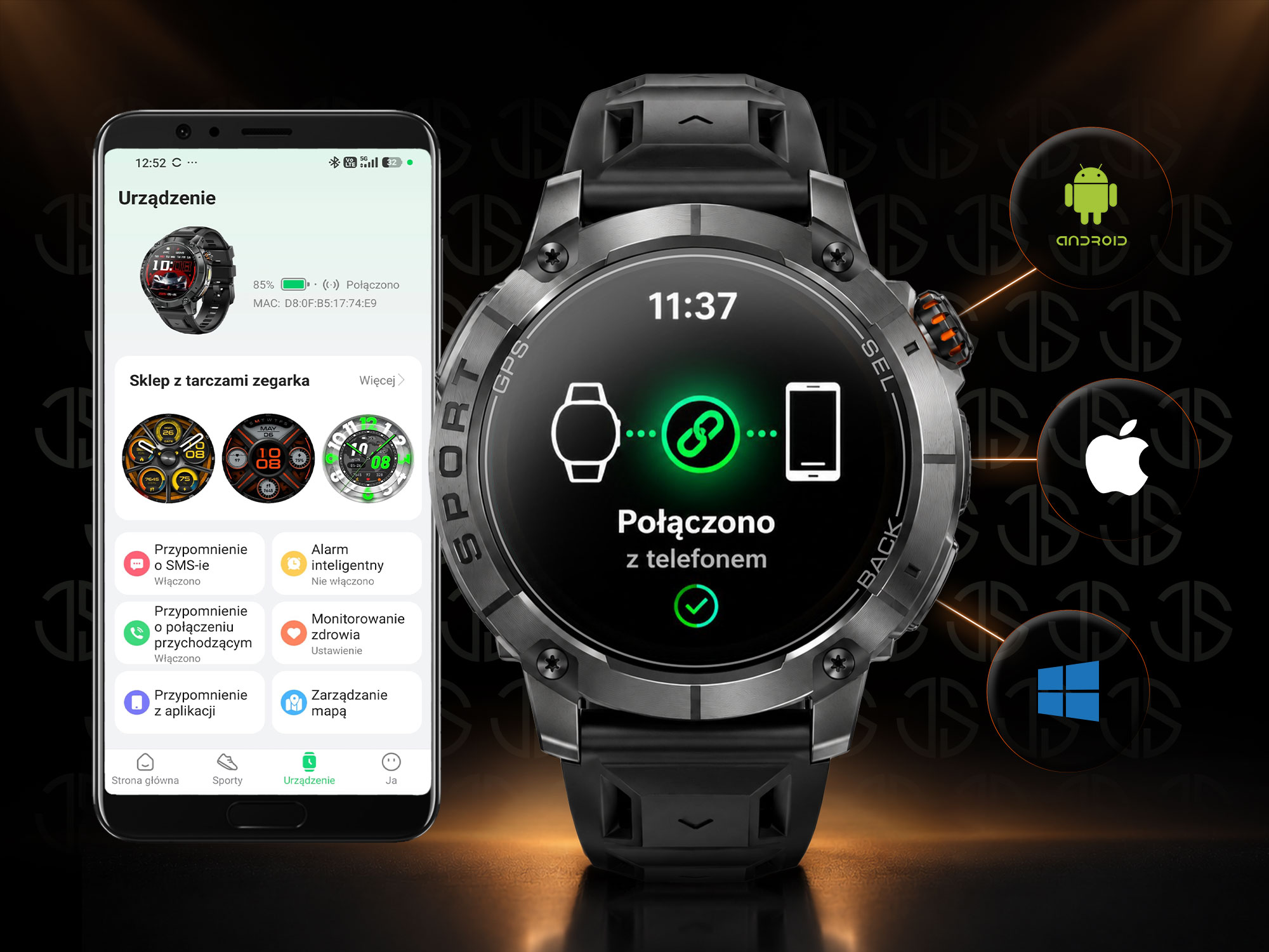 Wytrzymały smartwatch pokazuje połączenie z telefonem, obok interfejsu aplikacji i ikon systemów.
