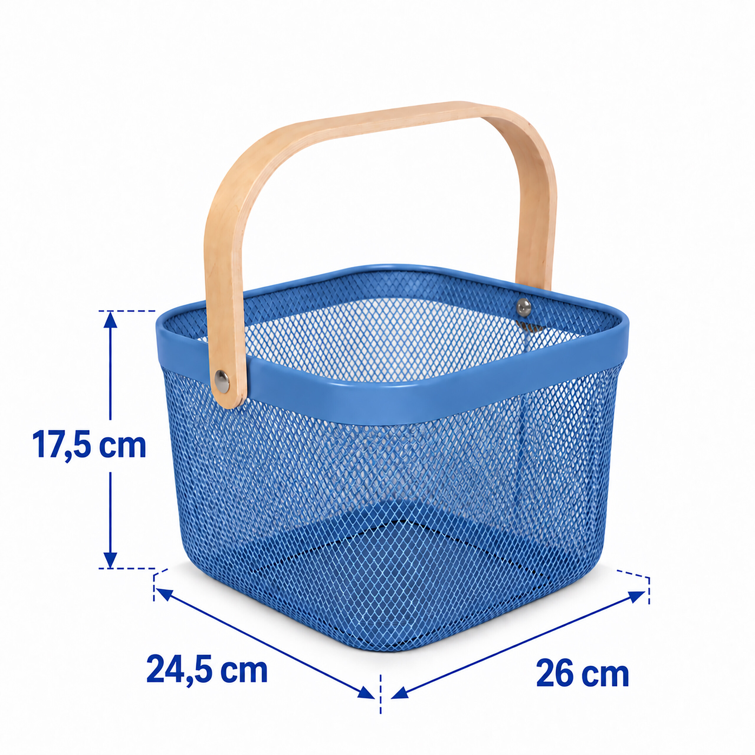 Blauer Drahtkorb mit Holzgriff und Maßen von 17,5 x 24,5 x 26 cm auf weißem Hintergrund.