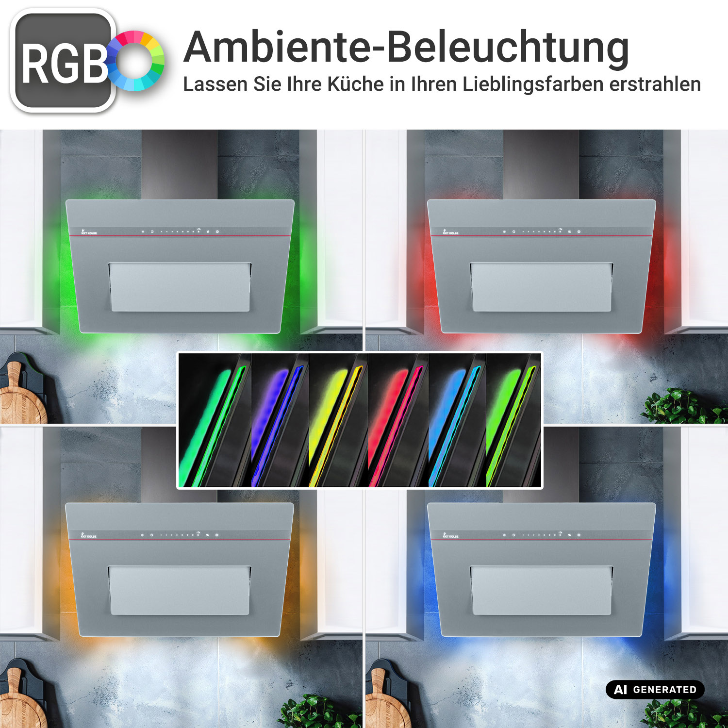 Küchenhaube mit RGB-Beleuchtung in Grün, Rot, Gelb und Blau.