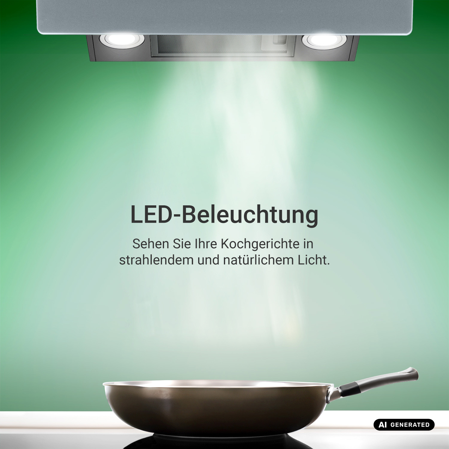 Eine Dunstabzugshaube mit LED-Beleuchtung leuchtet auf eine Pfanne auf dem Herd mit grünem Hintergrund.