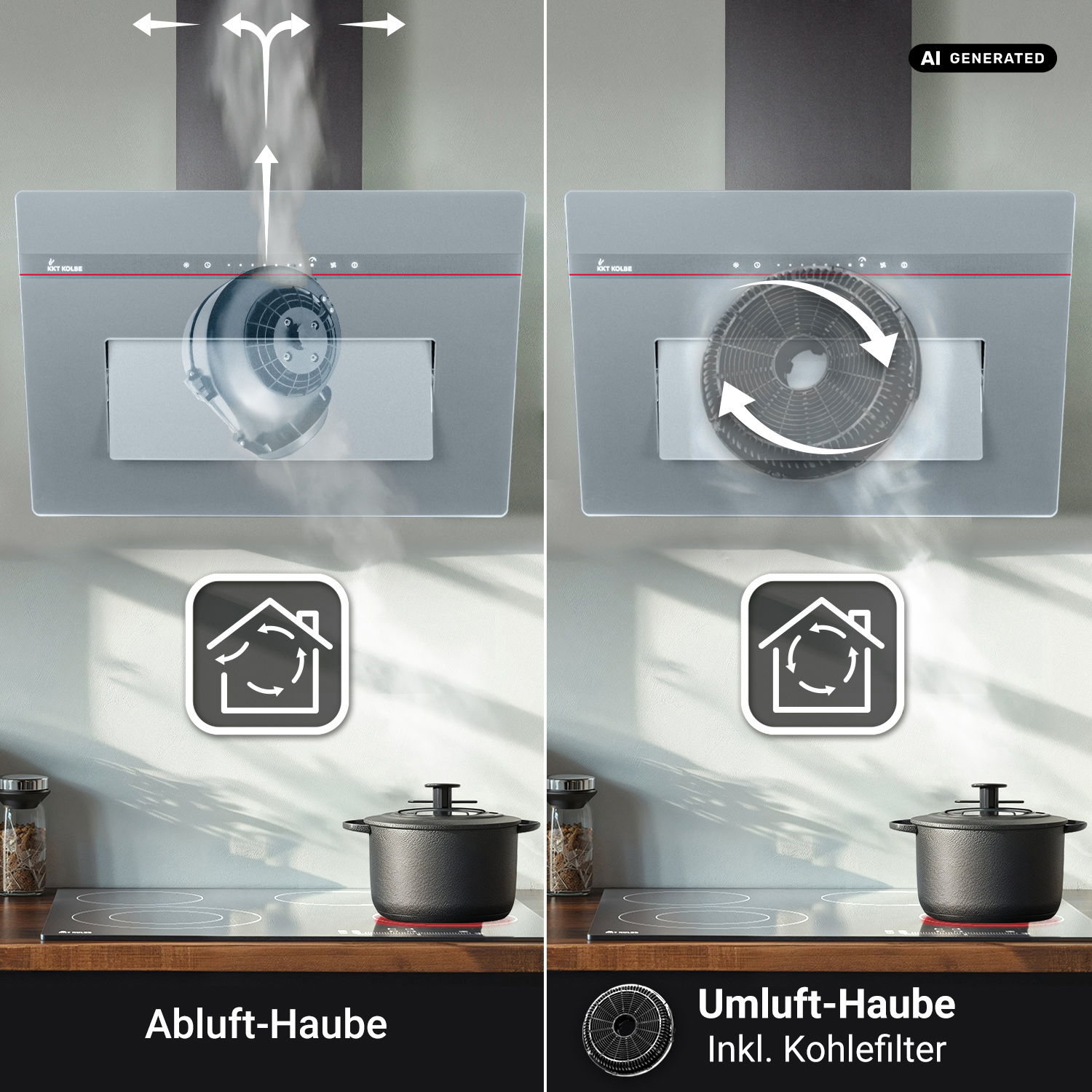 Vergleich zweier Dunstabzugshauben: links Abluft mit Dampfabzug, rechts Umluft mit Kohlefilter.