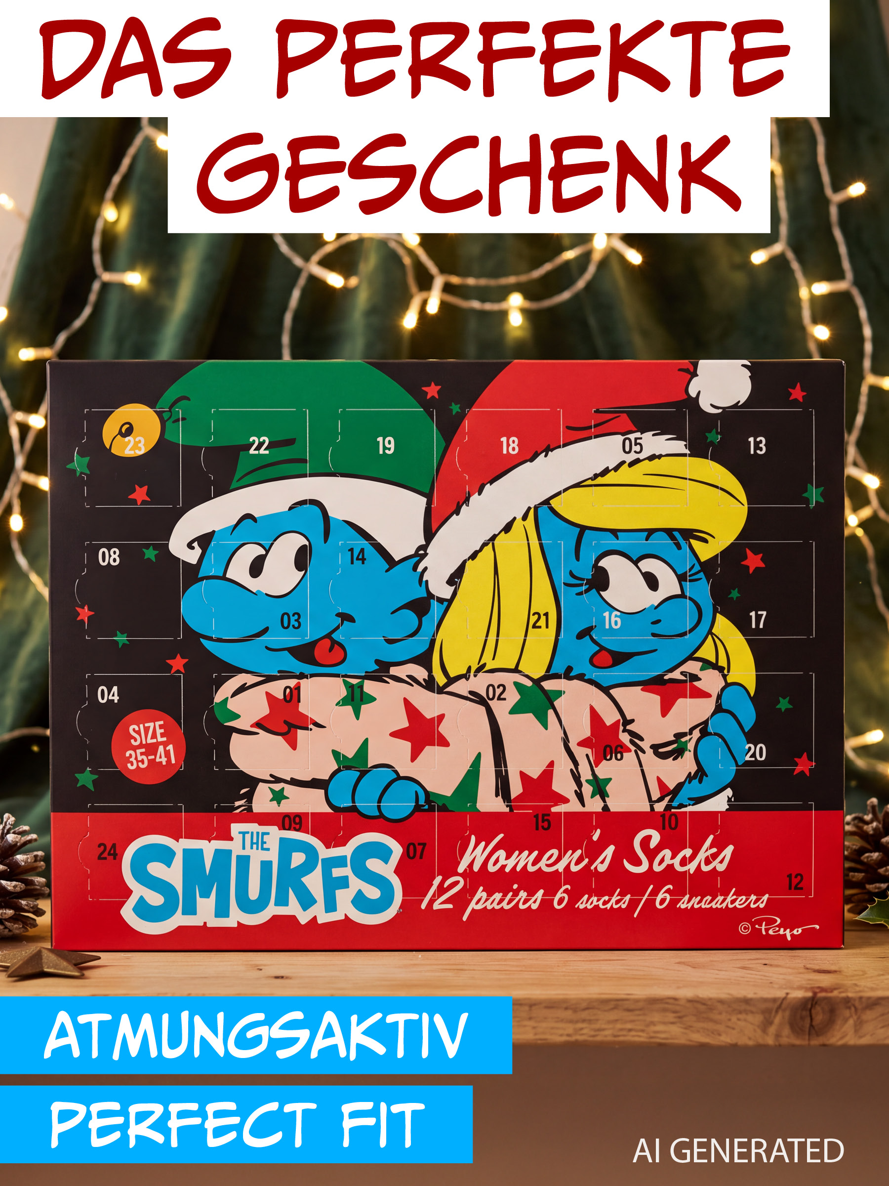 Schlümpfe Weihnachtskalender mit Socken auf Holztisch vor Lichtern.