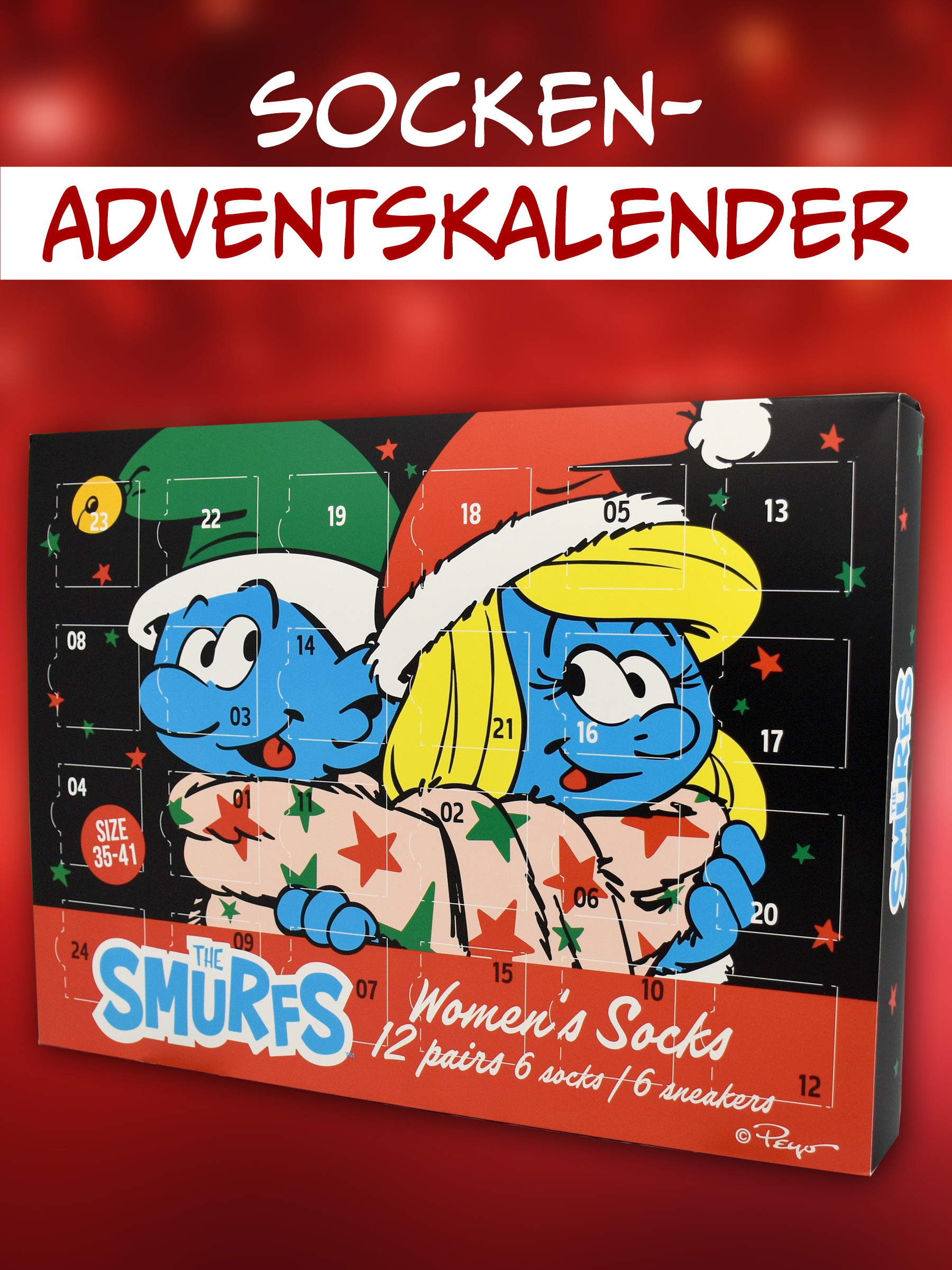 Smurfs Socken-Adventskalender mit Weihnachtsmotiven und 24 Türchen.