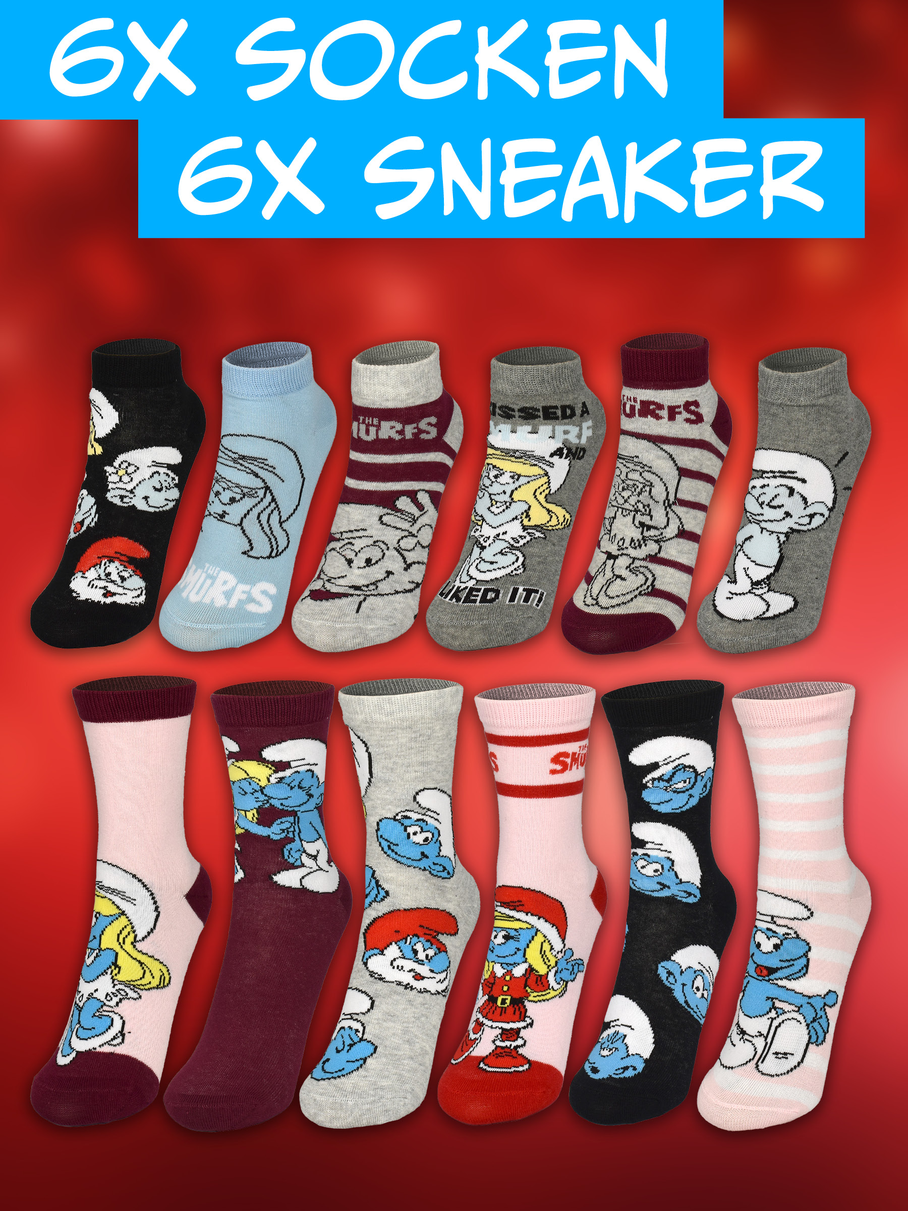 Zwölf verschiedene Socken mit Schlumpf-Motiven vor rotem Hintergrund.
