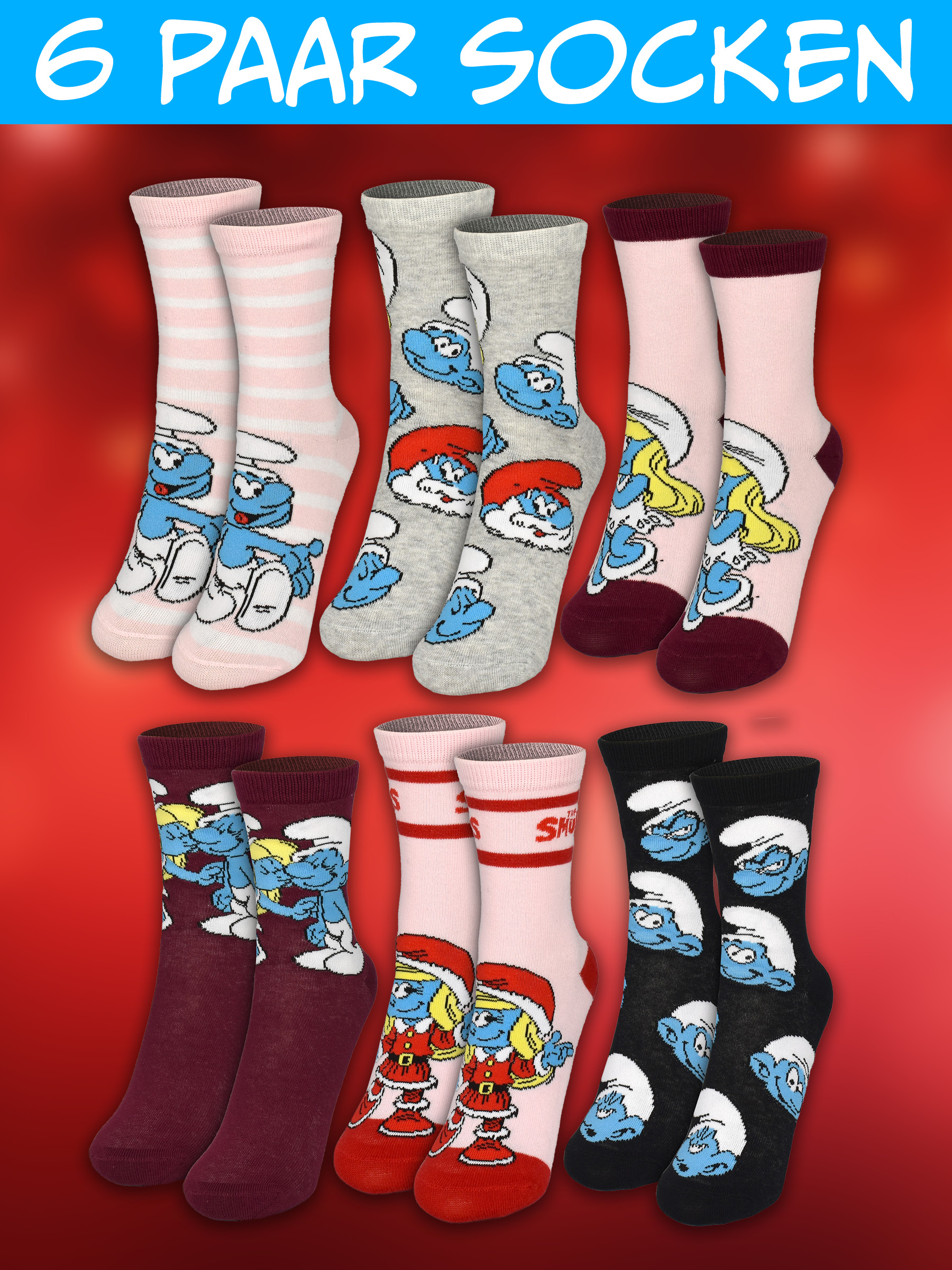 Sechs Paar bunte Socken mit Schlümpfen auf rotem Hintergrund und der Aufschrift 6 Paar Socken.
