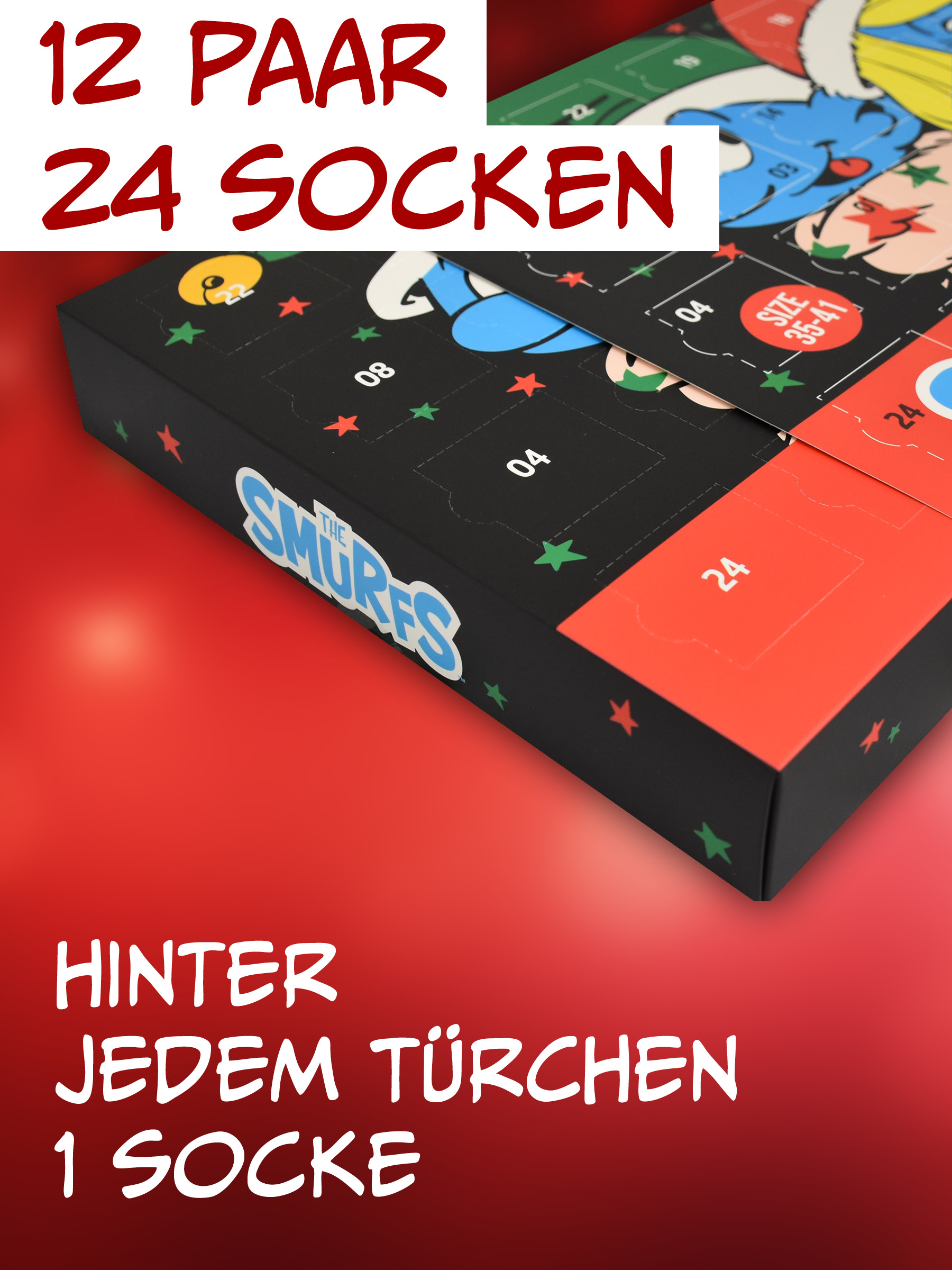 Smurfs-Adventskalender mit schwarzem und rotem Design vor rotem Hintergrund und Texten.