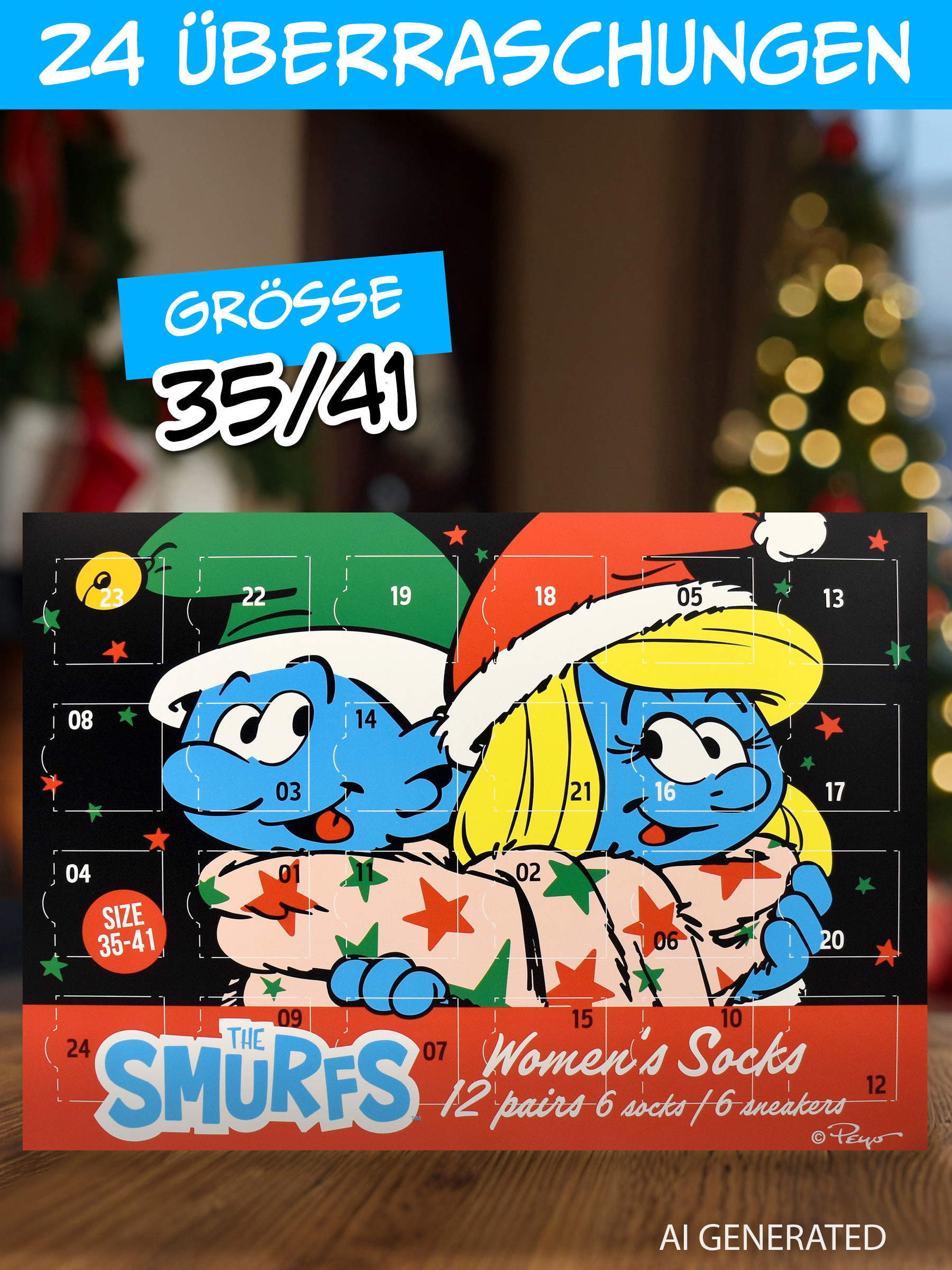 Schlumpf-Adventskalender mit 24 nummerierten Türchen, der Smurfs Women's Socks für die Größen 35 bis 41 enthält.