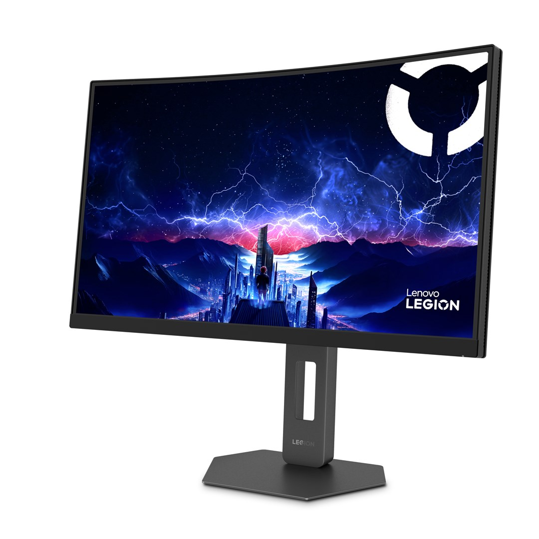 Zakrzywiony monitor komputerowy Lenovo Legion z kolorową tapetą science-fiction.