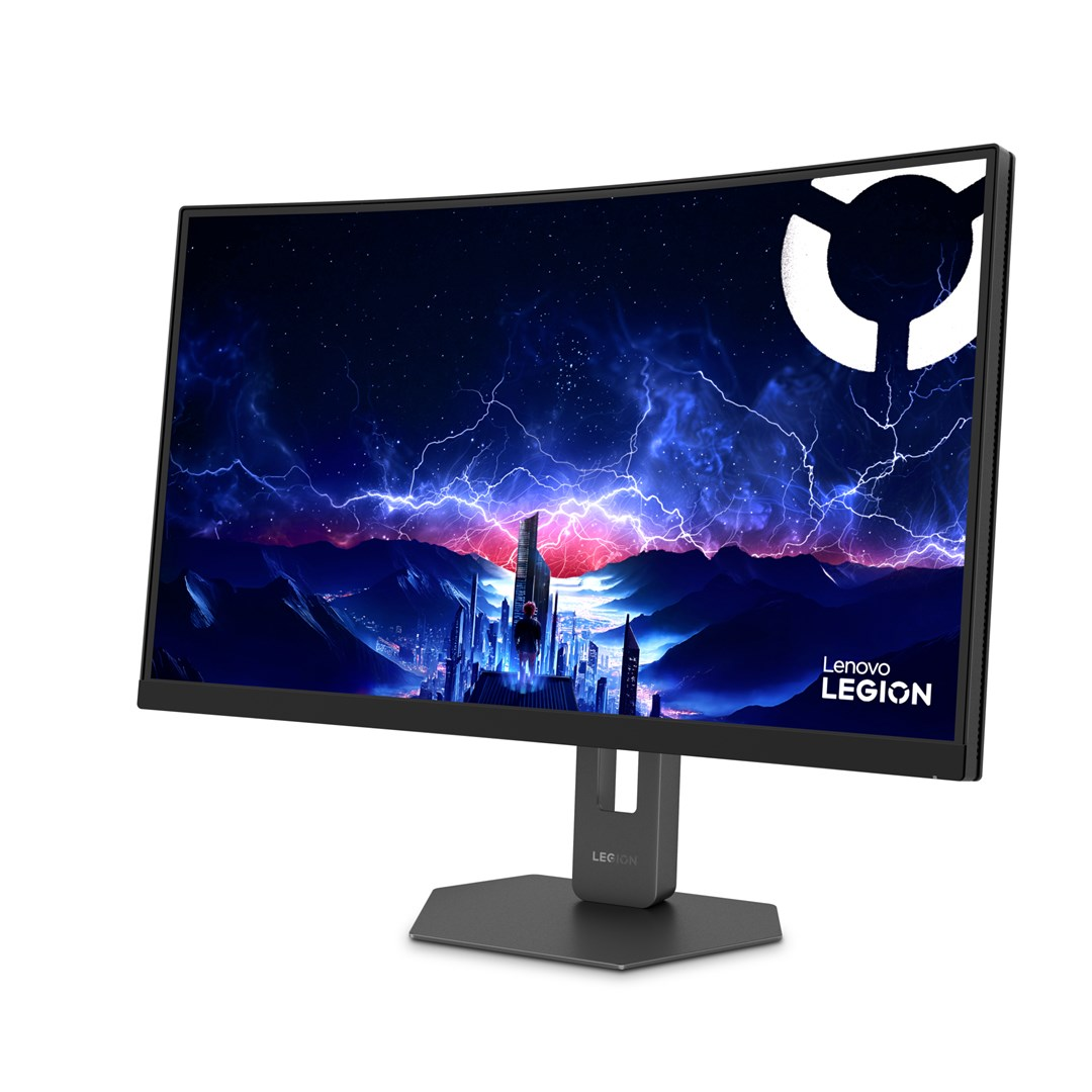 Zakrzywiony monitor Lenovo Legion przedstawia futurystyczne miasto z błyskawicami.