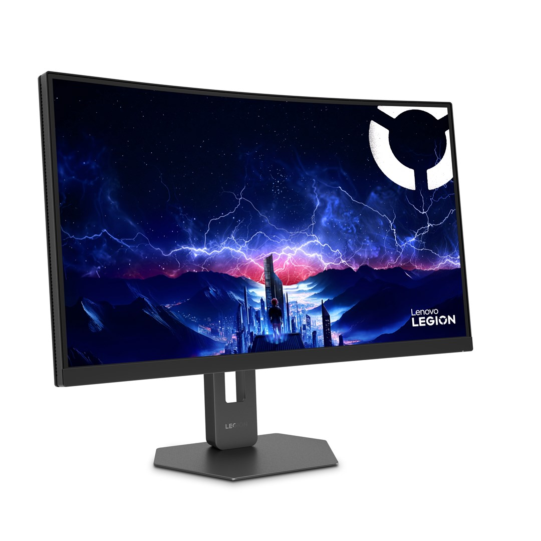 Zakrzywiony monitor Lenovo Legion z niebieską tapetą przedstawiającą miasto i błyskawice.