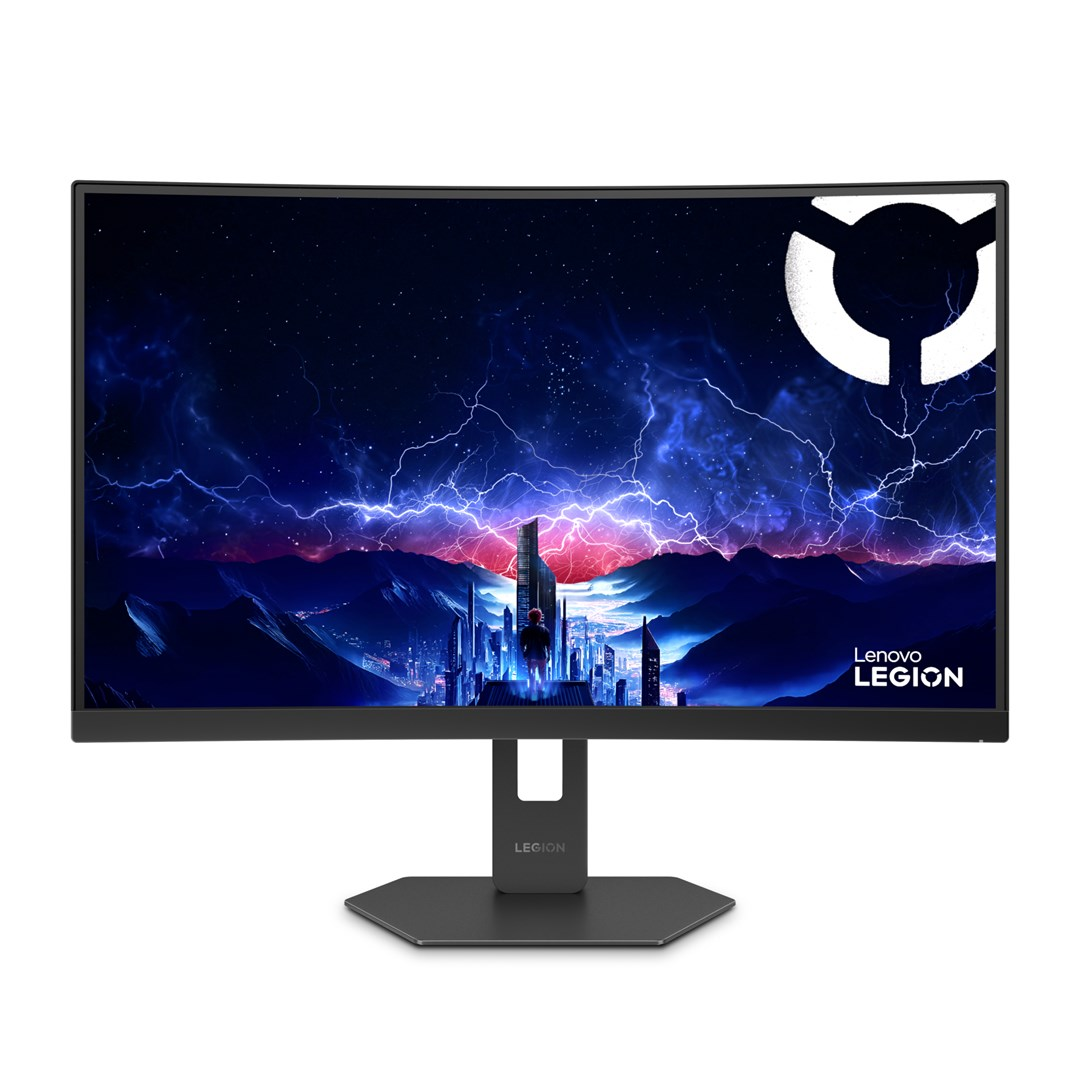 Zakrzywiony monitor Lenovo Legion z tapetą przedstawiającą miasto przyszłości i błyskawice.