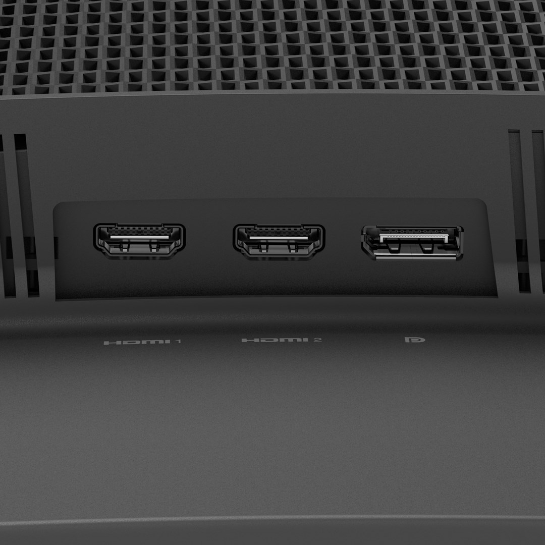 Zbliżenie czarnego tylnego panelu urządzenia z dwoma portami HDMI i jednym portem DisplayPort.