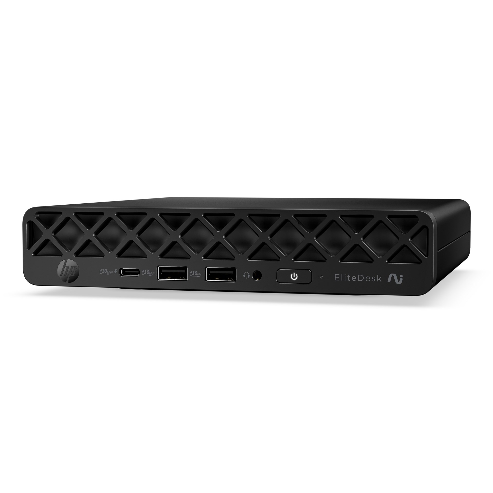 Czarny mini komputer HP EliteDesk z portami z przodu i kratką wentylacyjną.