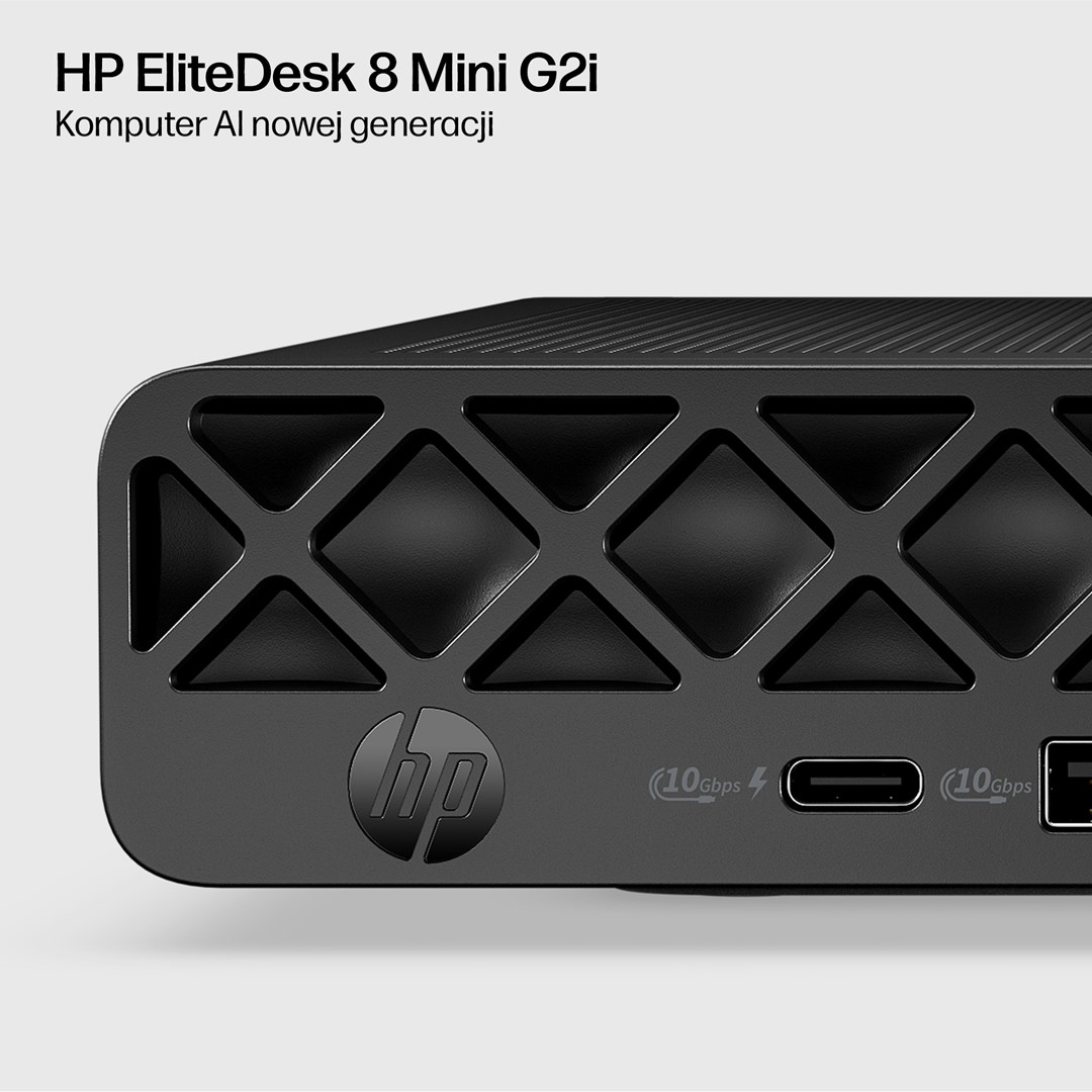 Zbliżenie HP EliteDesk 8 Mini G2i z logo HP, portem USB-C i panelem przednim.
