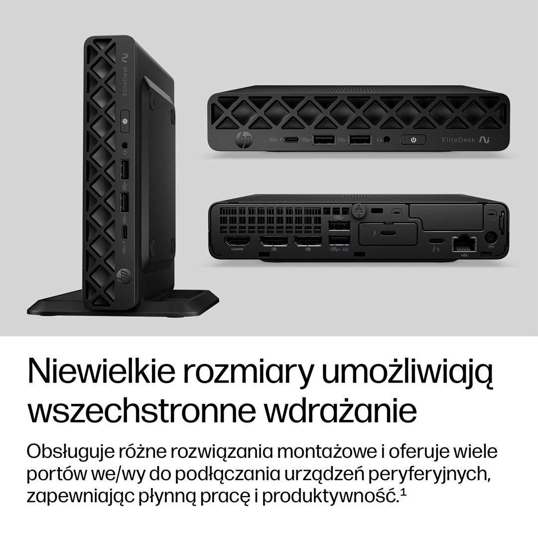 Czarny mini PC HP EliteDesk z widokiem z przodu i z tyłu oraz polskim tekstem.