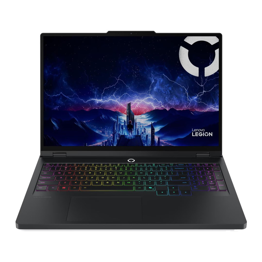 Czarny laptop Lenovo Legion z podświetlaną klawiaturą i ekranem przedstawiającym futurystyczne miasto.