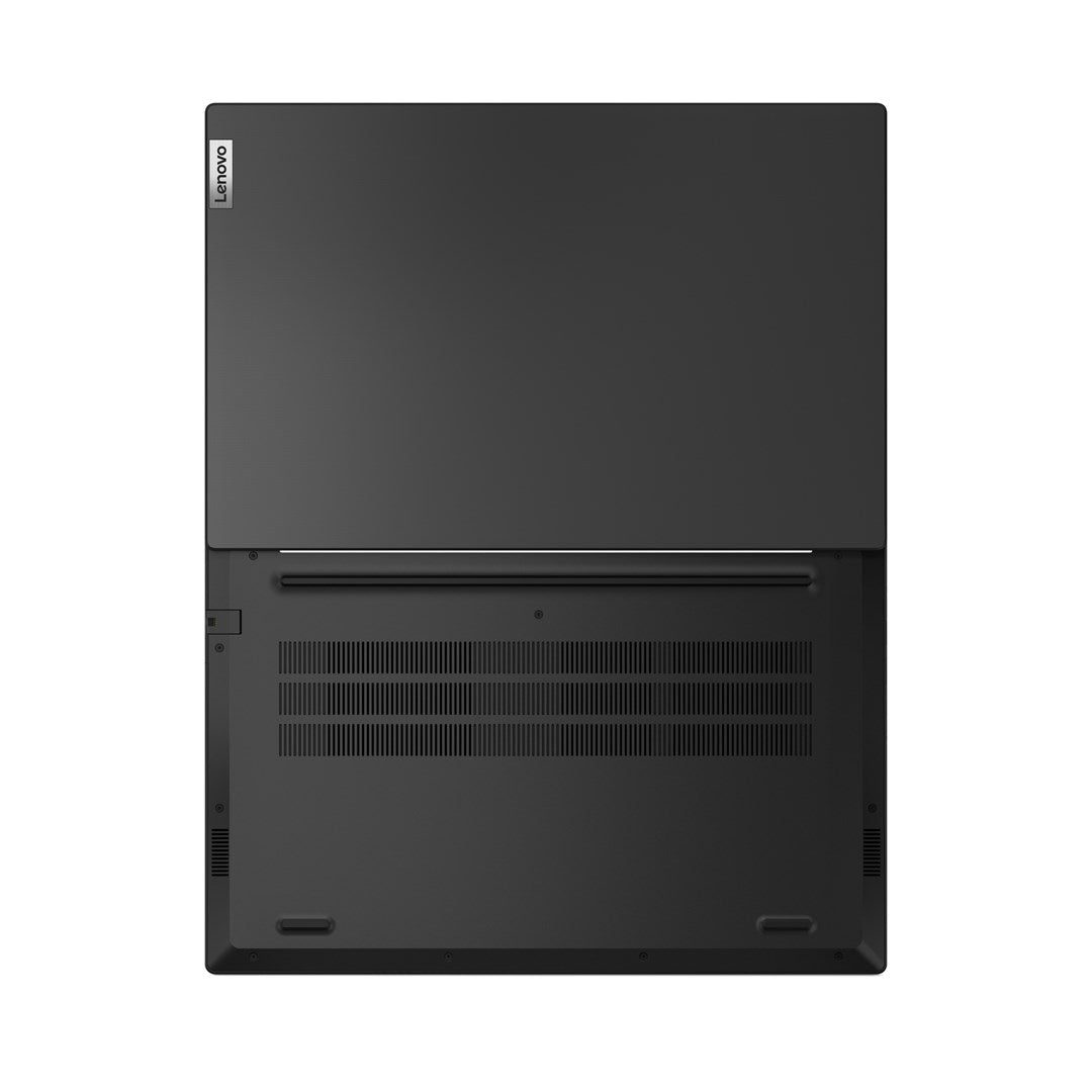 Widok czarnego spodu i zamkniętej góry laptopa Lenovo z szczelinami wentylacyjnymi.