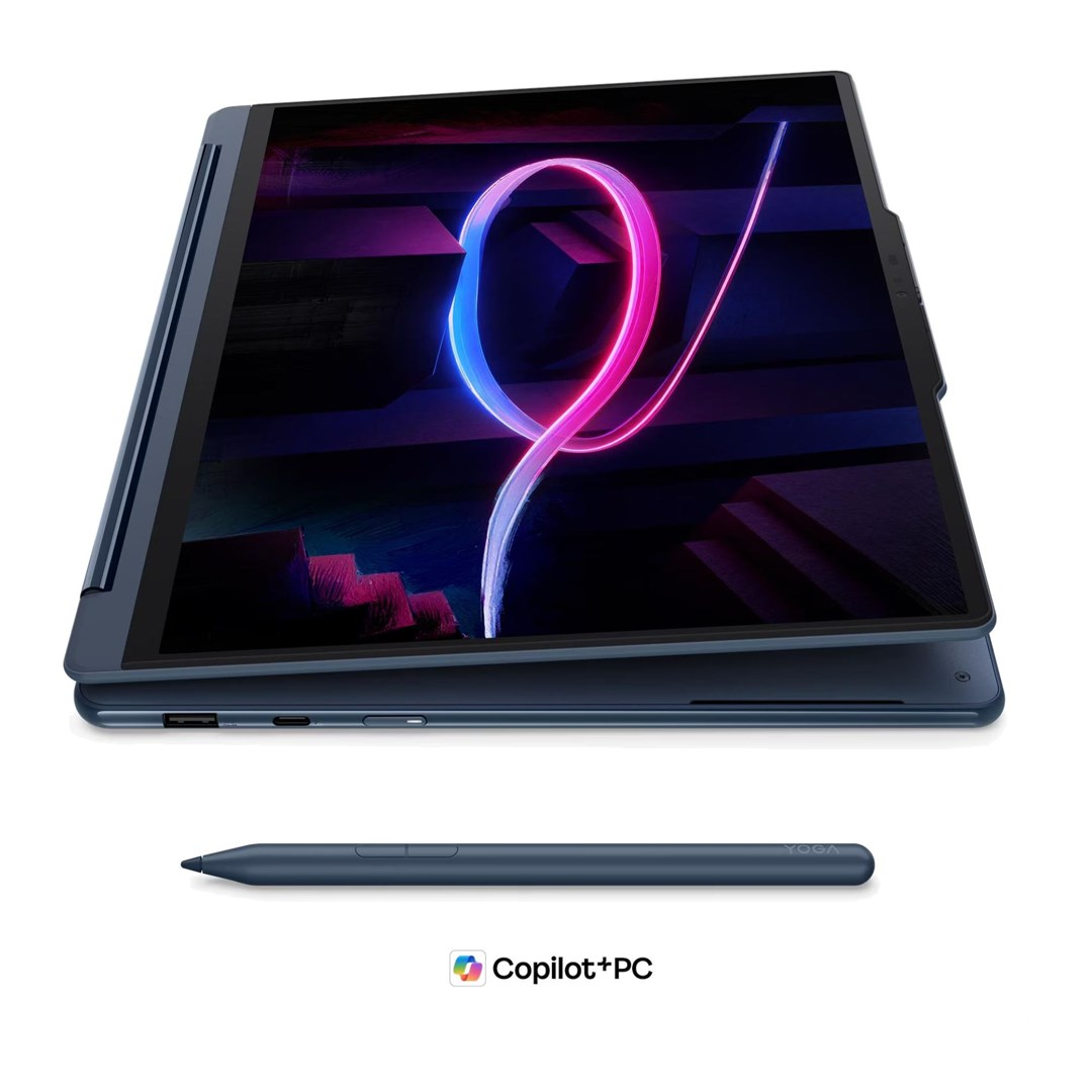Ciemnoniebieski laptop konwertowalny z rysikiem i logo Copilot+PC.