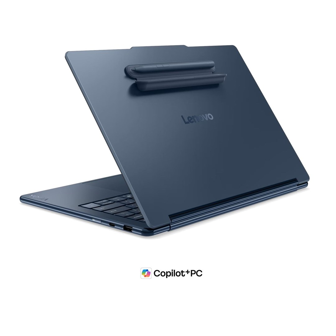 Niebieski laptop Lenovo w złożonej pozycji ze rysikiem z tyłu.