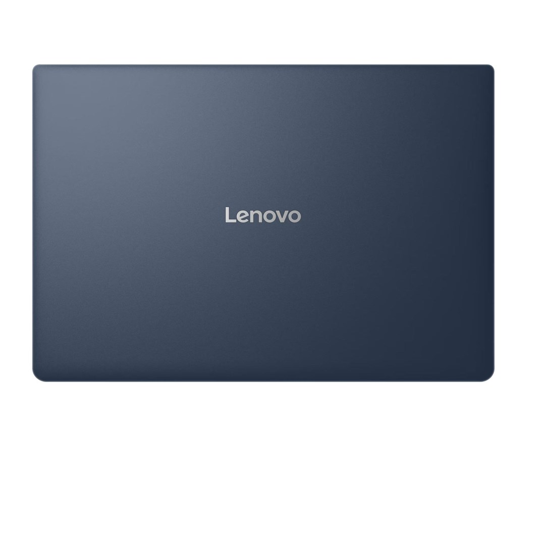 Zamknięty ciemnoniebieski laptop Lenovo widziany z góry na białym tle, ze srebrnym logo Lenovo.