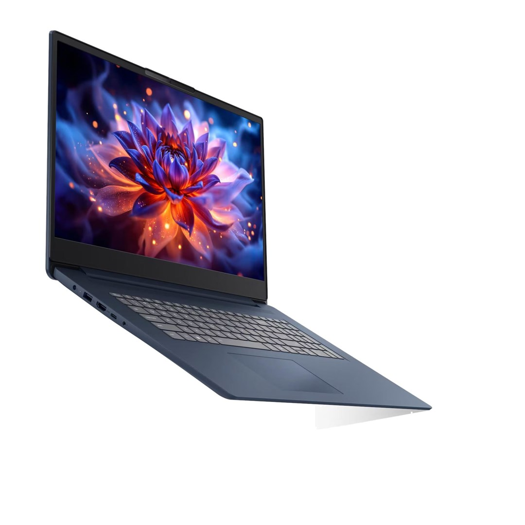 Ciemnoniebieski laptop unosi się na białym tle, wyświetlając na ekranie kolorowy, abstrakcyjny kwiat.