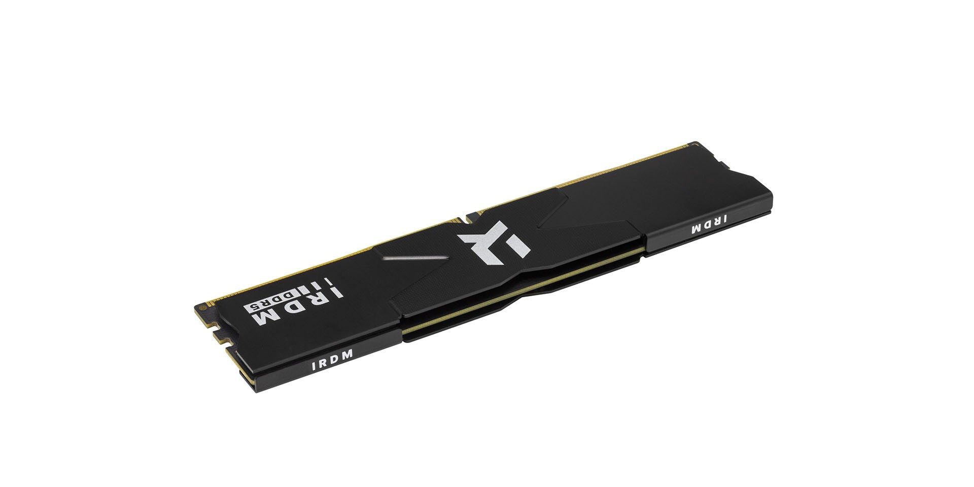 Czarny moduł RAM IRDM DDR5 z białym logo i napisem na białym tle.