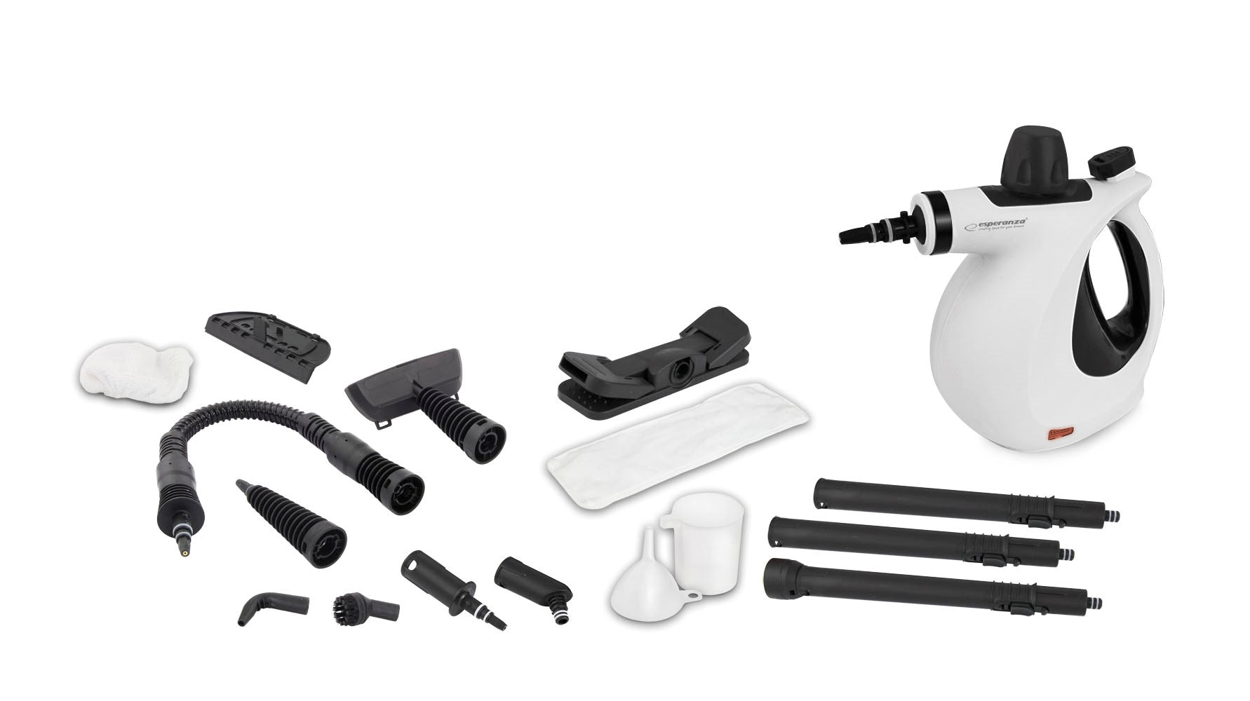 Un pulitore a vapore bianco e nero con vari ugelli, tubi e accessori disposti su uno sfondo bianco.