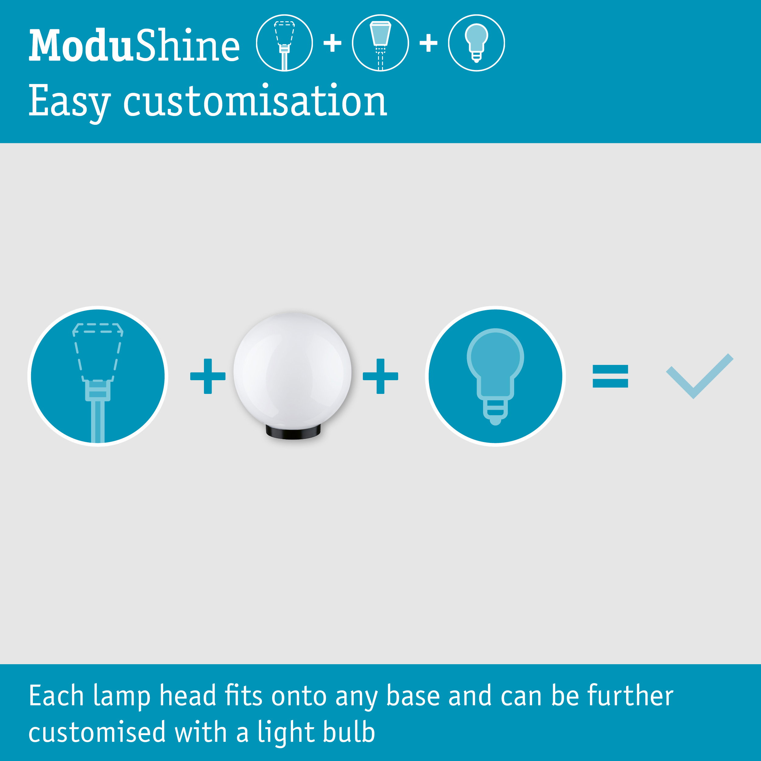 ModuShine-Diagramm mit Lampenkopf, Kugelfuß und Glühbirne für eine individuelle Leuchte.