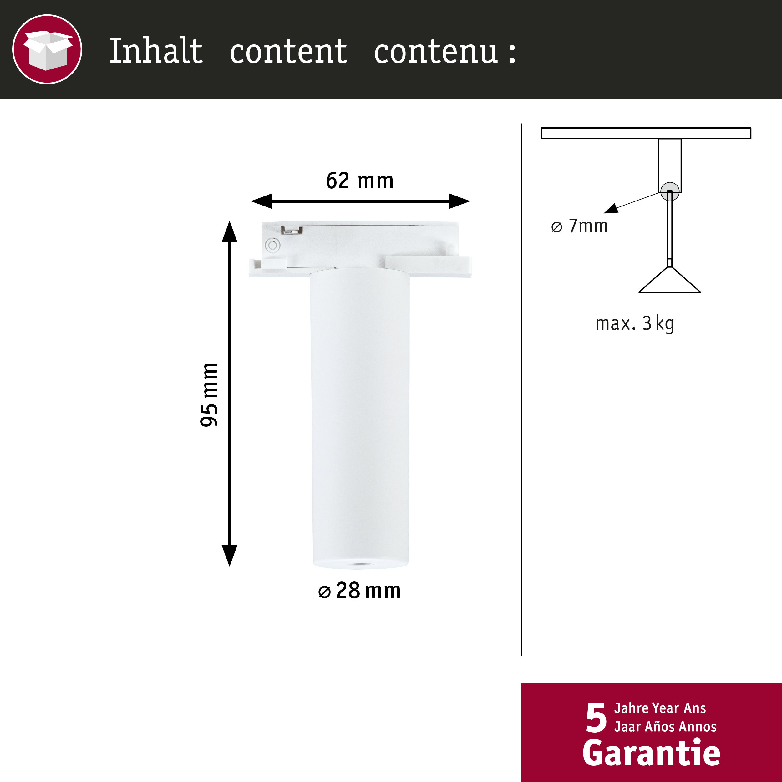 Technische Zeichnung eines weißen Steckverbinders mit Maßen von 62mm Breite, 95mm Höhe und 28mm Durchmesser.