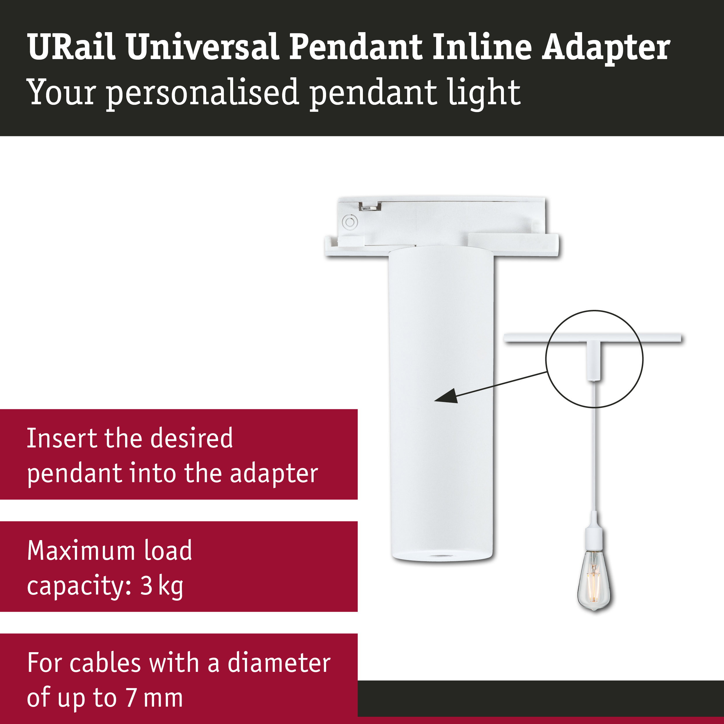 Weißer URail Universal Pendel-Inline-Adapter mit Text und einer Detailzeichnung einer Hängeleuchte.