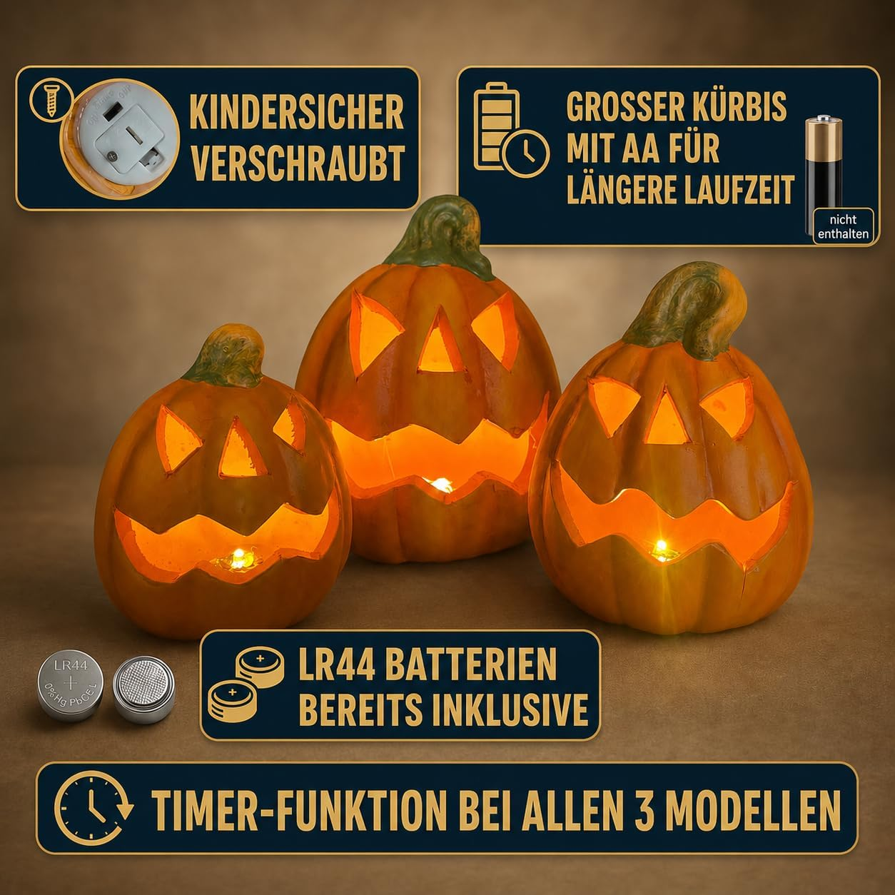 Drei beleuchtete Halloween-Kürbisse mit Textinfoboxen über Batterien und Timer-Funktion.