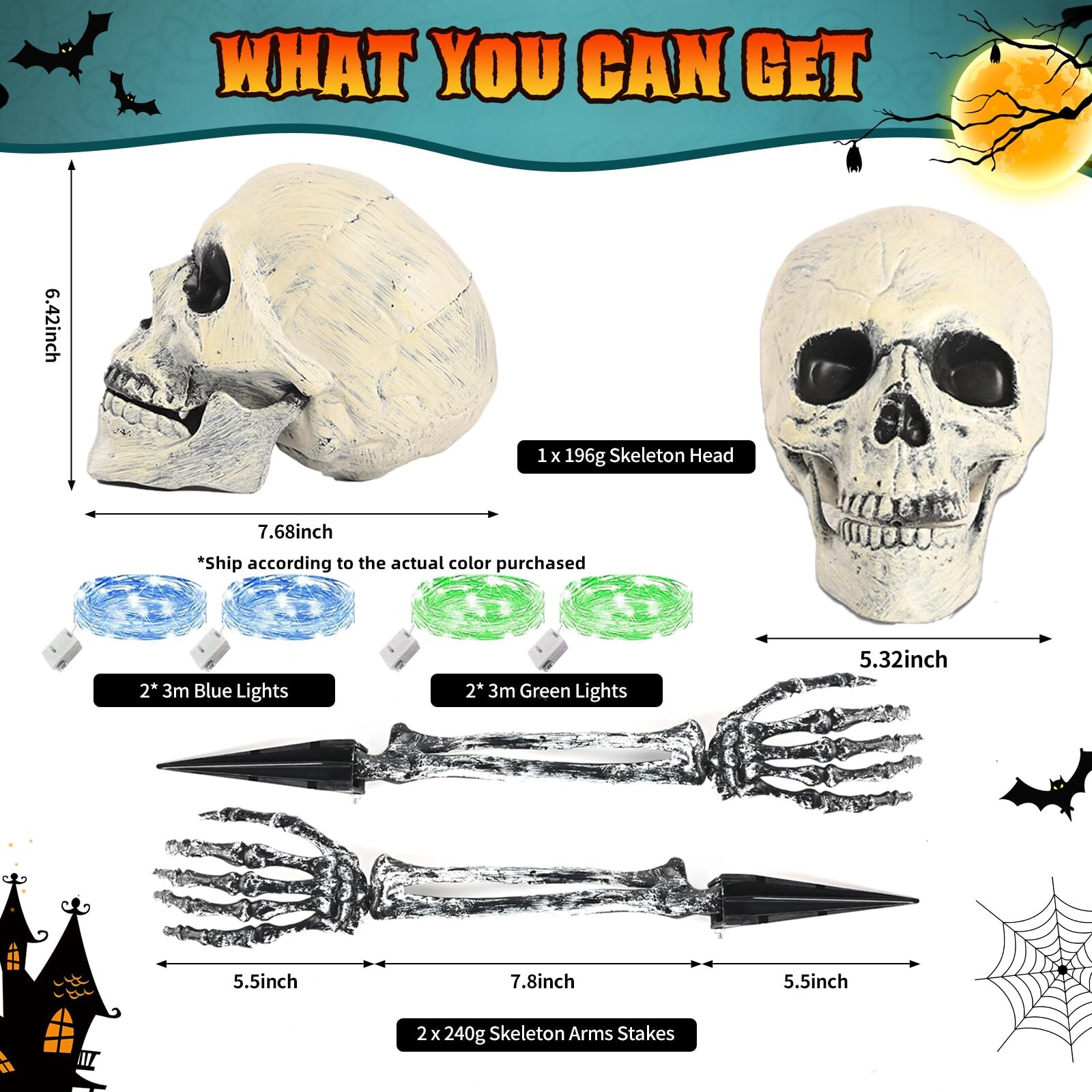Halloween-Dekorationen mit einem Skelettkopf, zwei Skelettarm-Pfählen und farbigen LED-Lichterketten.