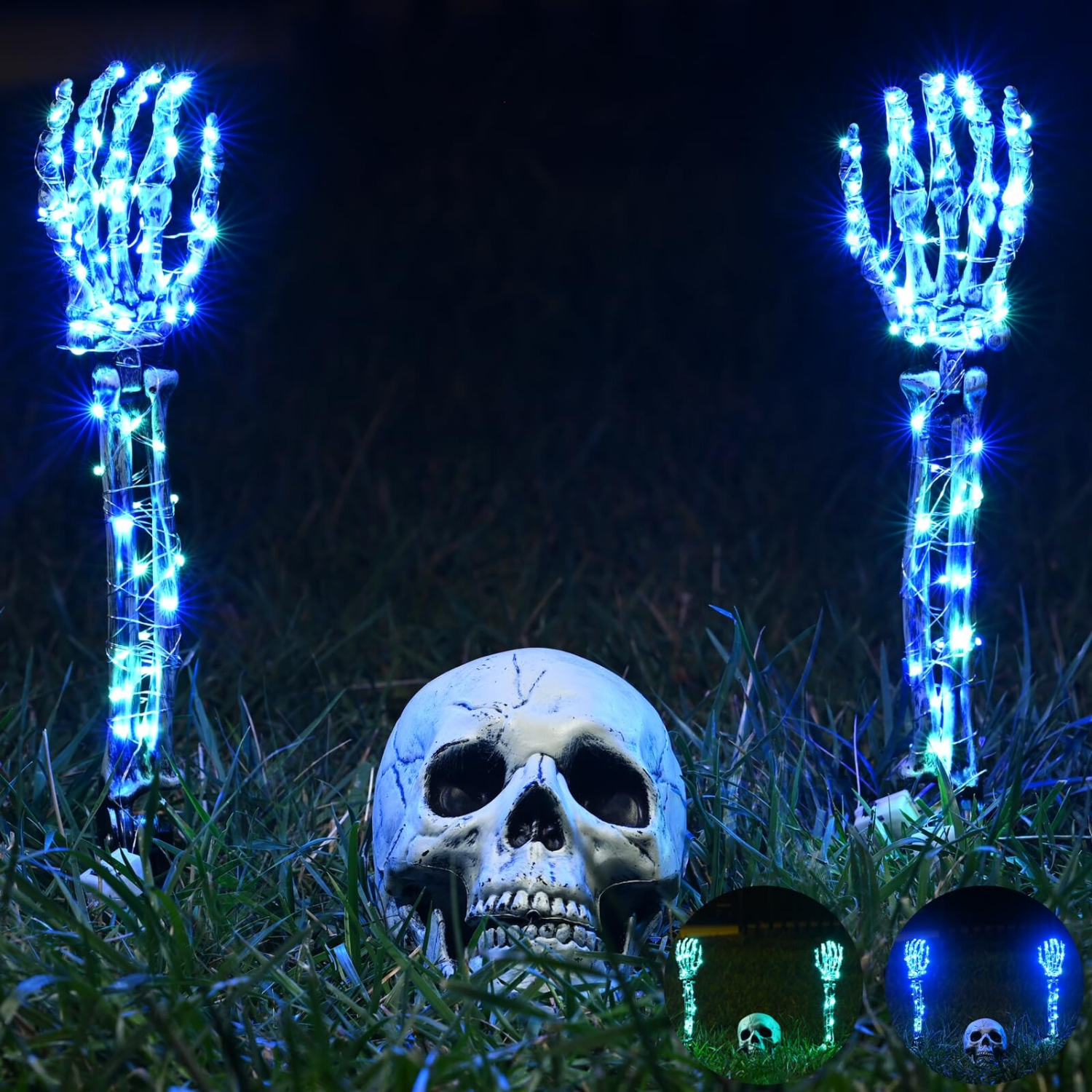 Ein Totenkopf und zwei blau beleuchtete Skelettarme stehen im dunklen Gras.