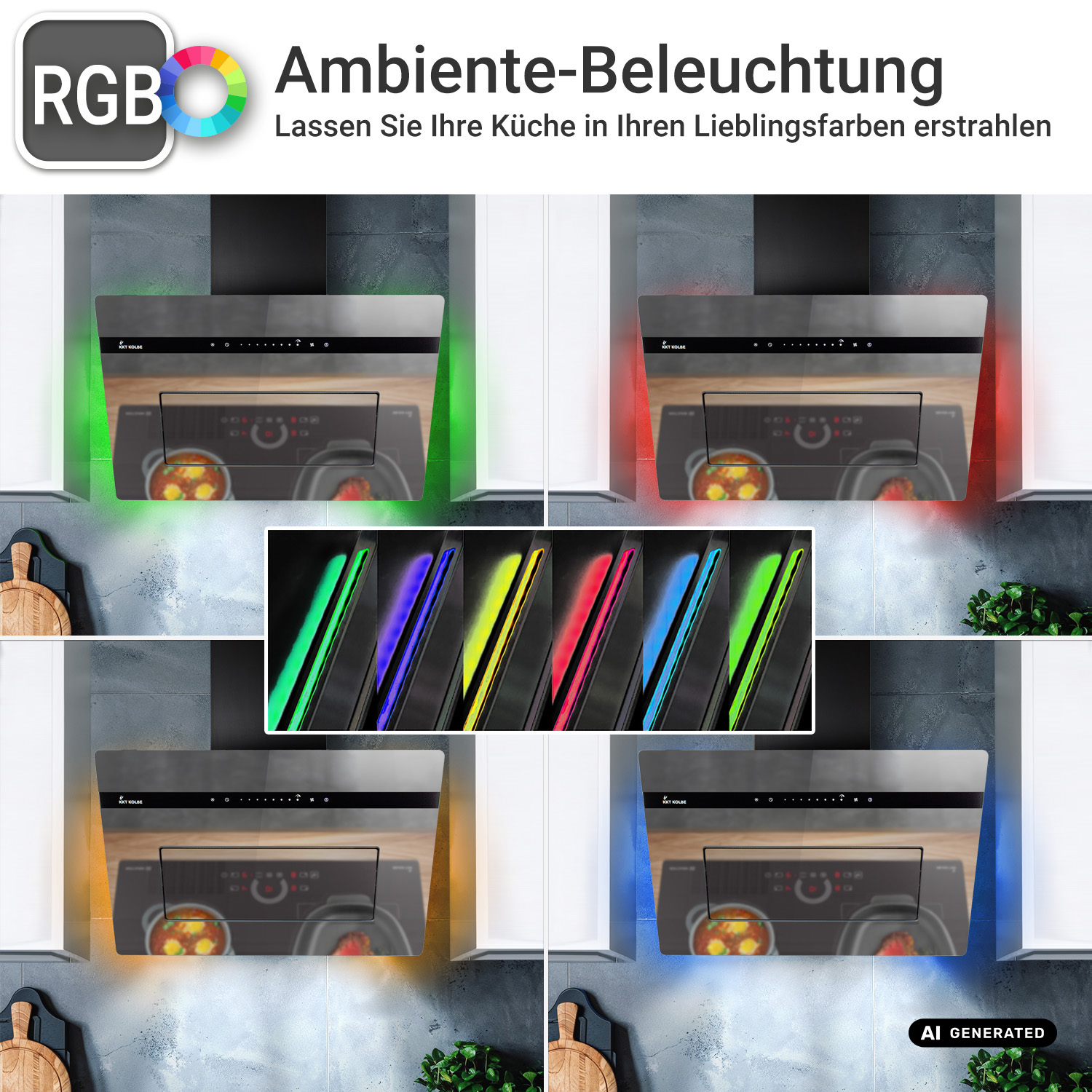 Cappa da cucina con illuminazione ambientale RGB personalizzabile in verde, rosso, giallo e blu.