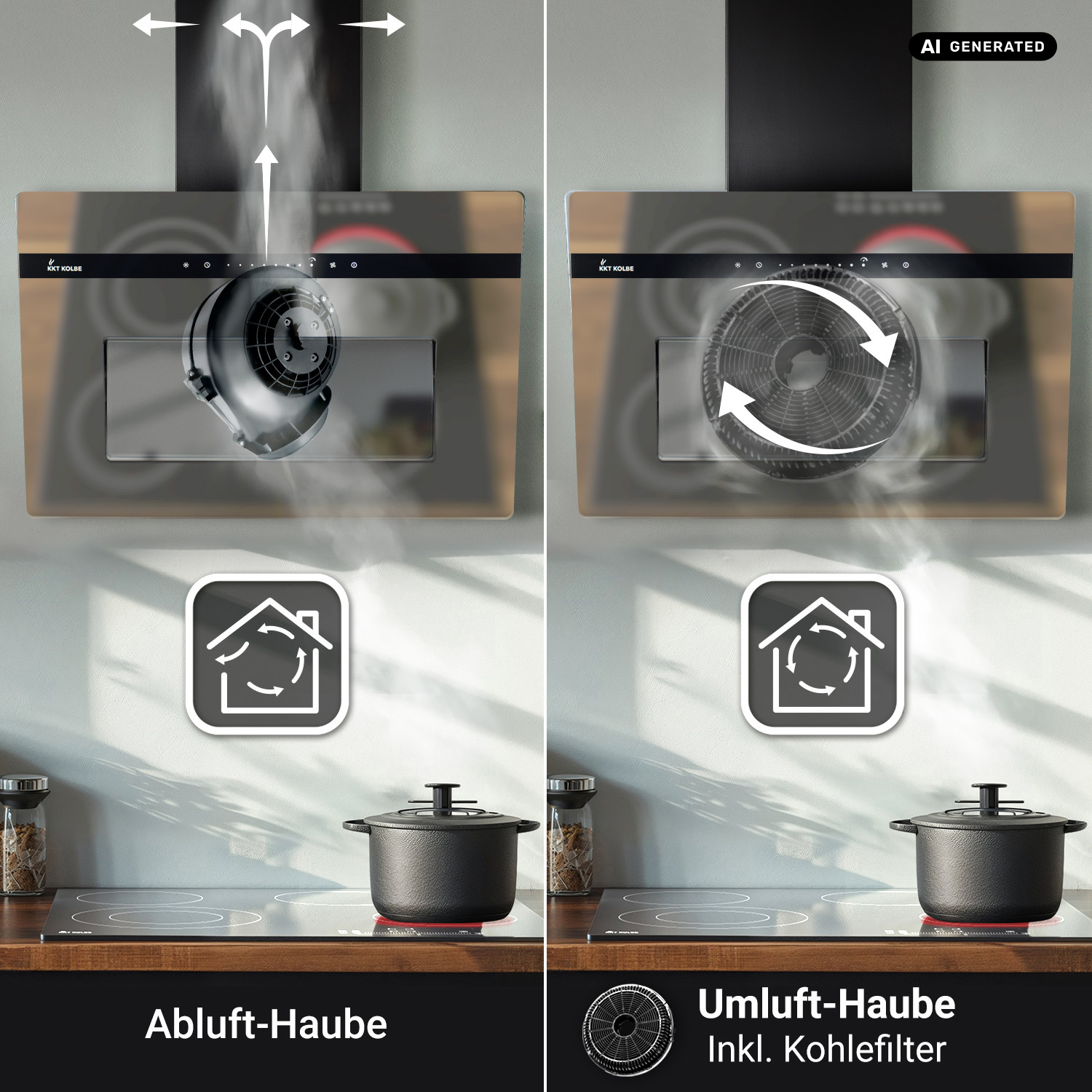 Confronto tra cappe aspiranti e filtranti che mostra il flusso d'aria e il filtro.