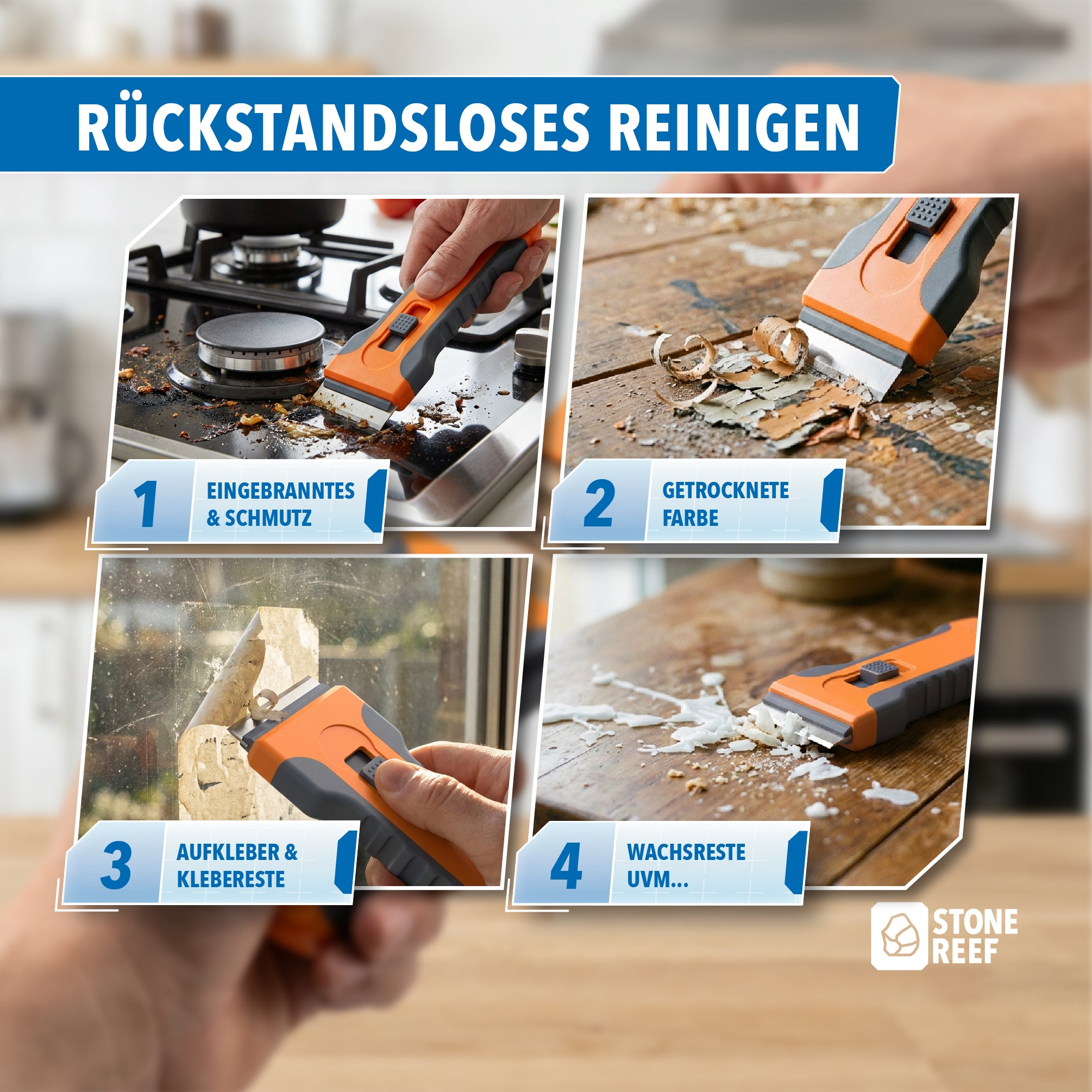 Ein Bild zeigt die vielseitige Anwendung eines orangen Schabers auf Ceranfeld, Holz und Glas.