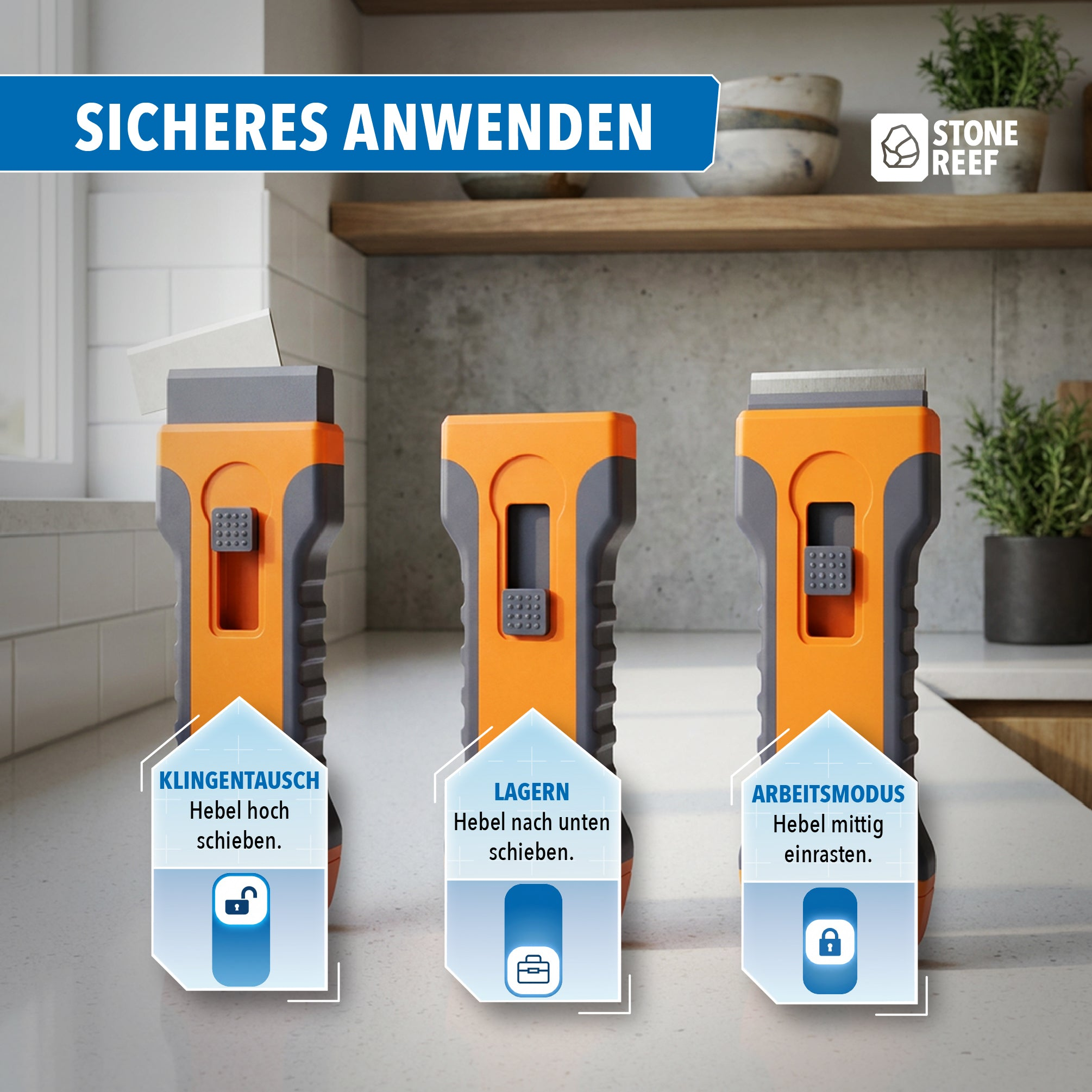 Anleitung zur sicheren Verwendung eines Skalpells mit drei Stufen: Klingentausch, Lagern und Arbeitsmodus.