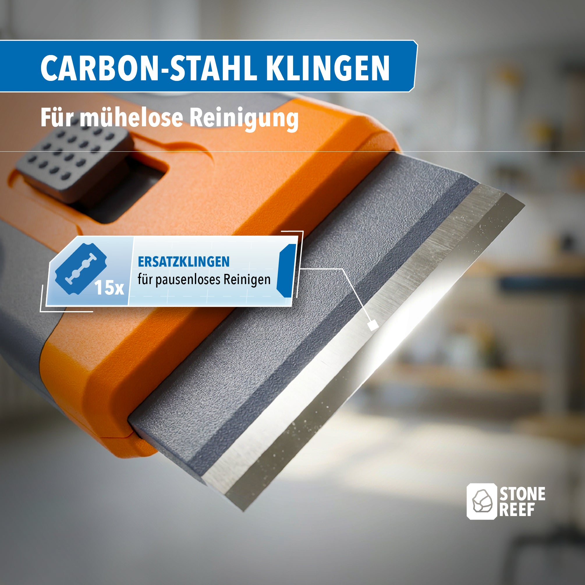 Ein orange-grauer Schaber mit Stahlklinge und deutschen Werbetexten.