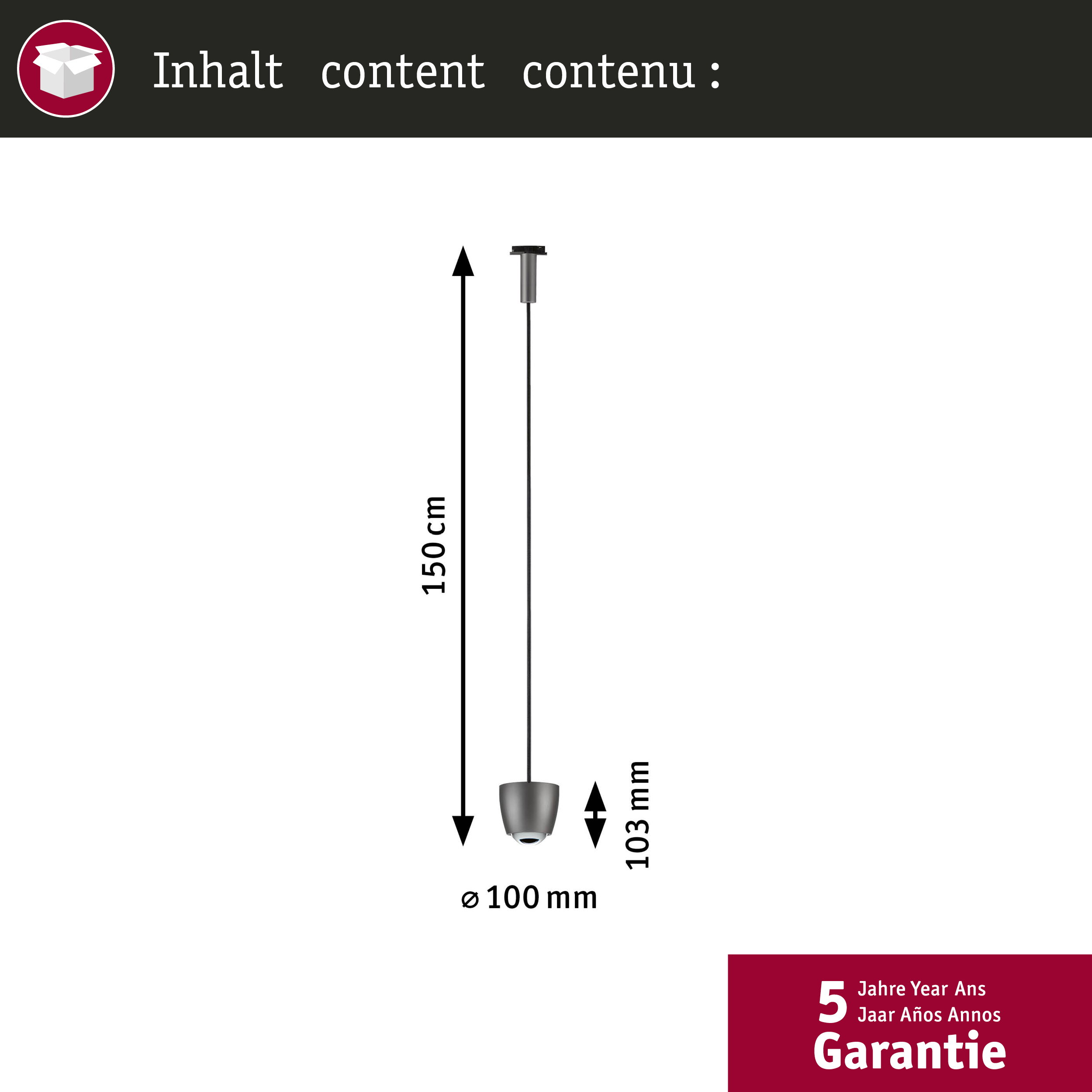 Technische Zeichnung einer Pendelleuchte mit Maßen: 150 cm Höhe, 103 mm Lampenschirmhöhe und 100 mm Durchmesser.